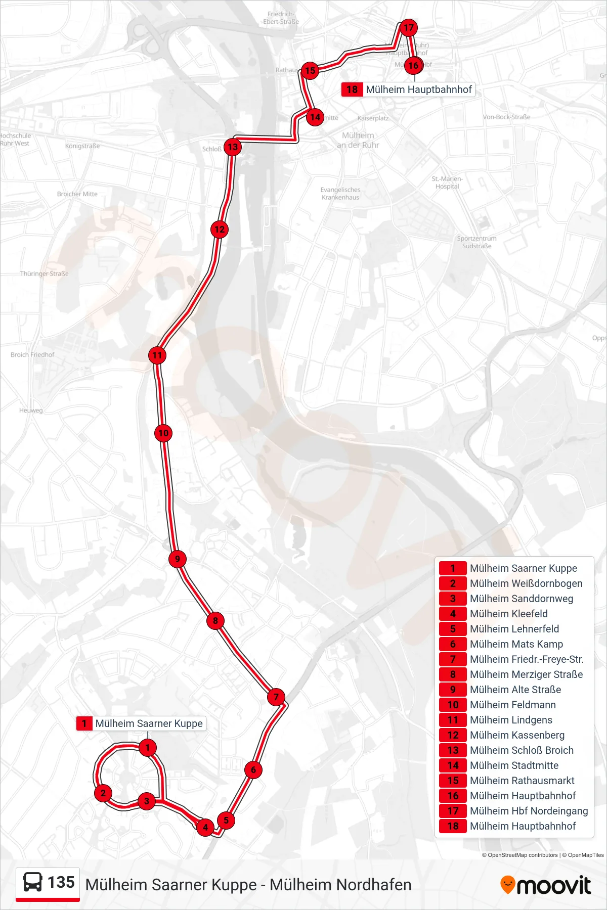 Linie 135 (Bus) Richtung Mülheim Hauptbahnhof: Route und Haltestellen auf der Karte