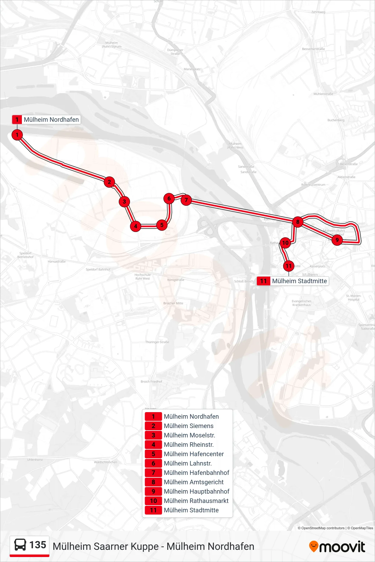 Linie 135 (Bus) Richtung Mülheim Stadtmitte: Route und Haltestellen auf der Karte