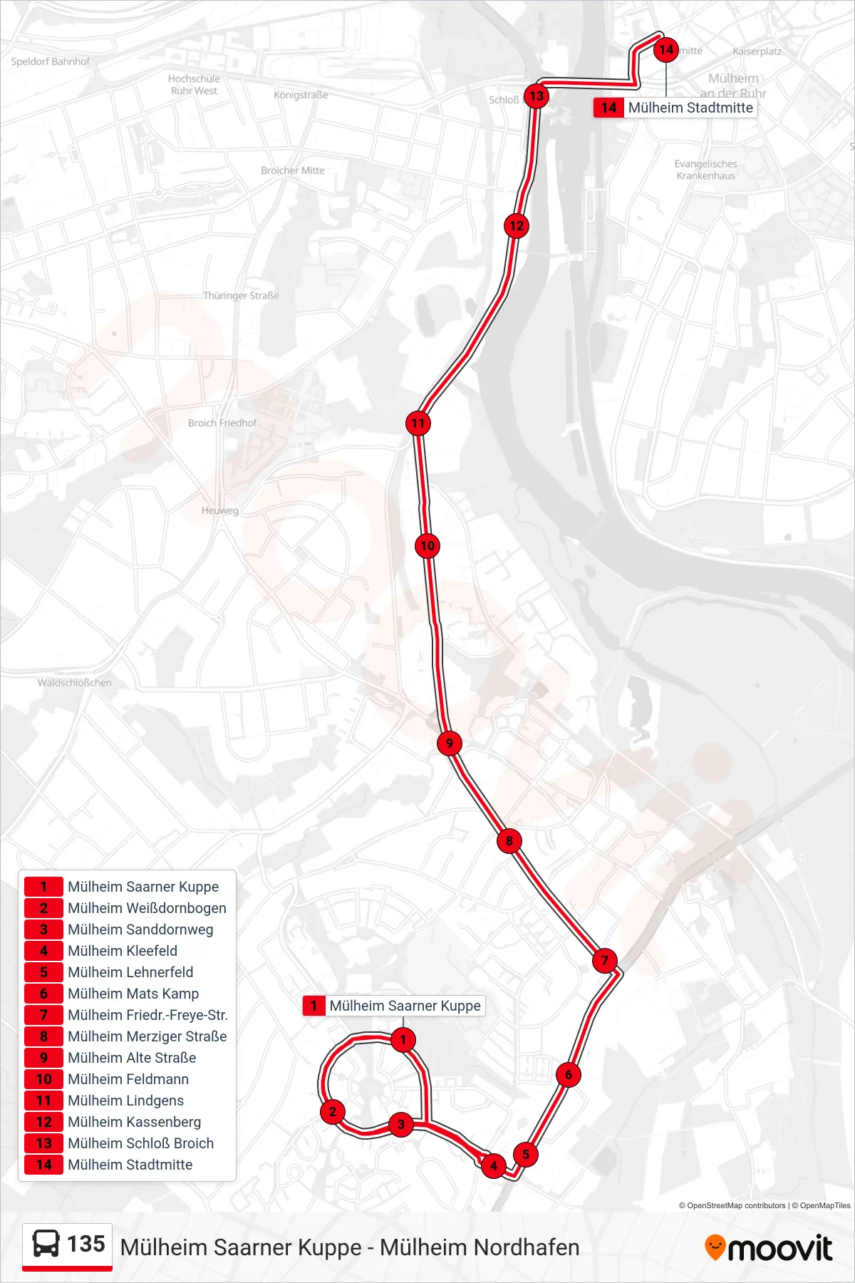 Linie 135 (Bus) Richtung Mülheim Stadtmitte: Route und Haltestellen auf der Karte
