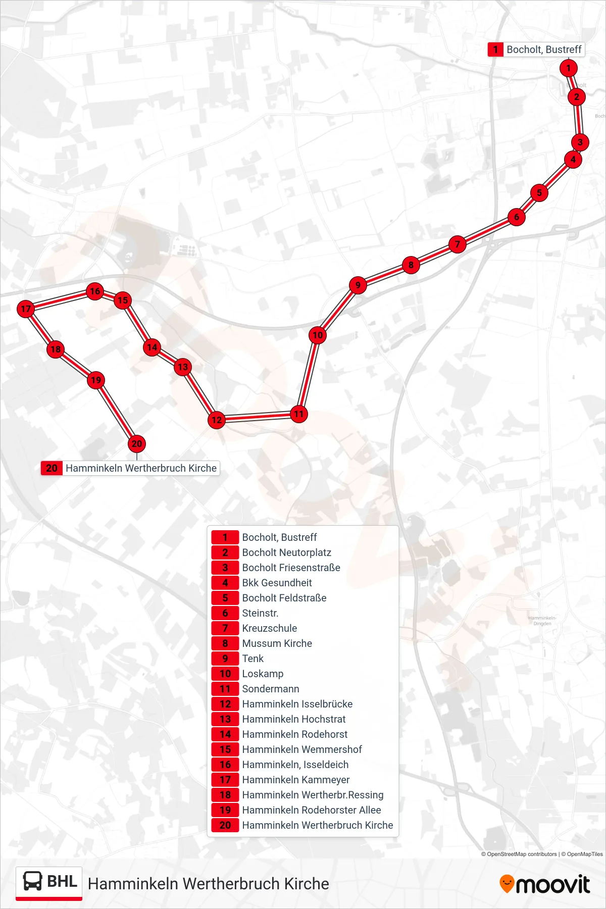 Linie BHL (Bus) Richtung Hamminkeln Wertherbruch Kirche: Route und Haltestellen auf der Karte