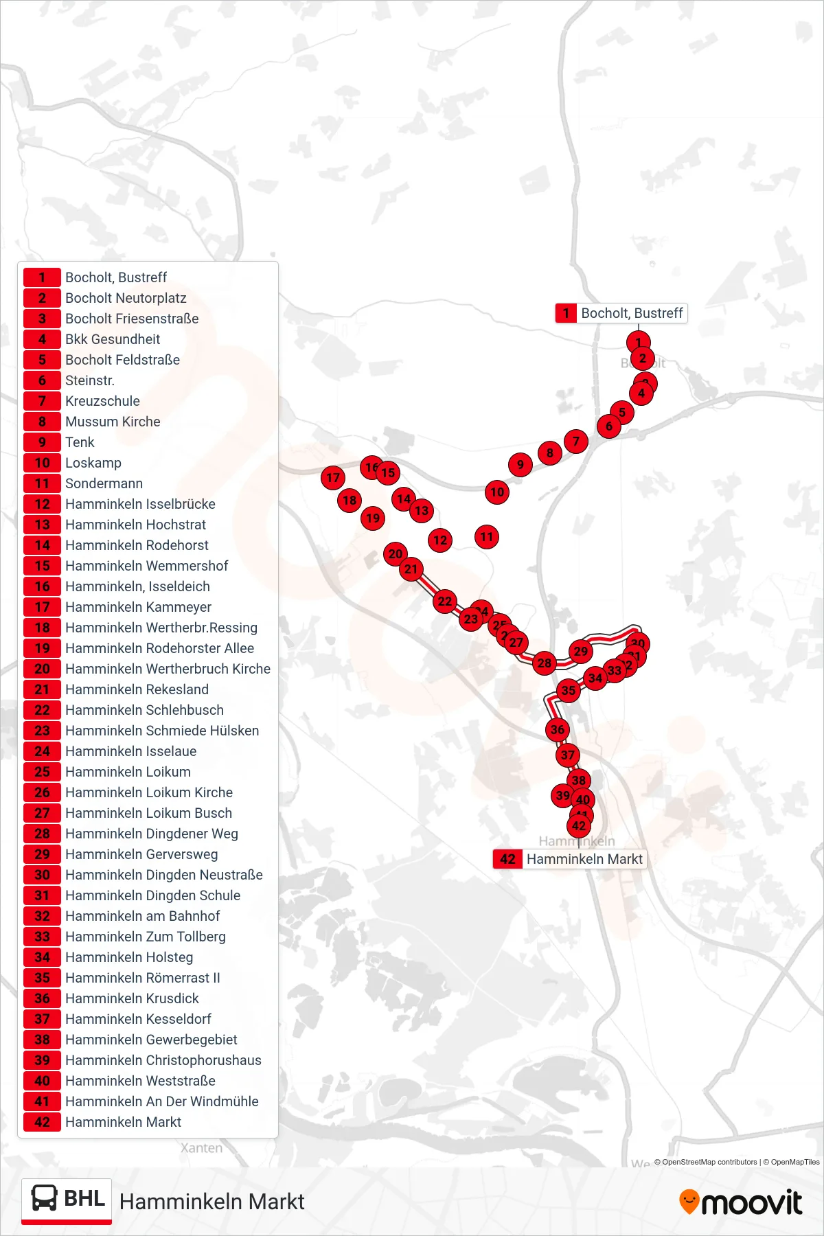 BHL bus Line (Hamminkeln Markt) route and stops on a map