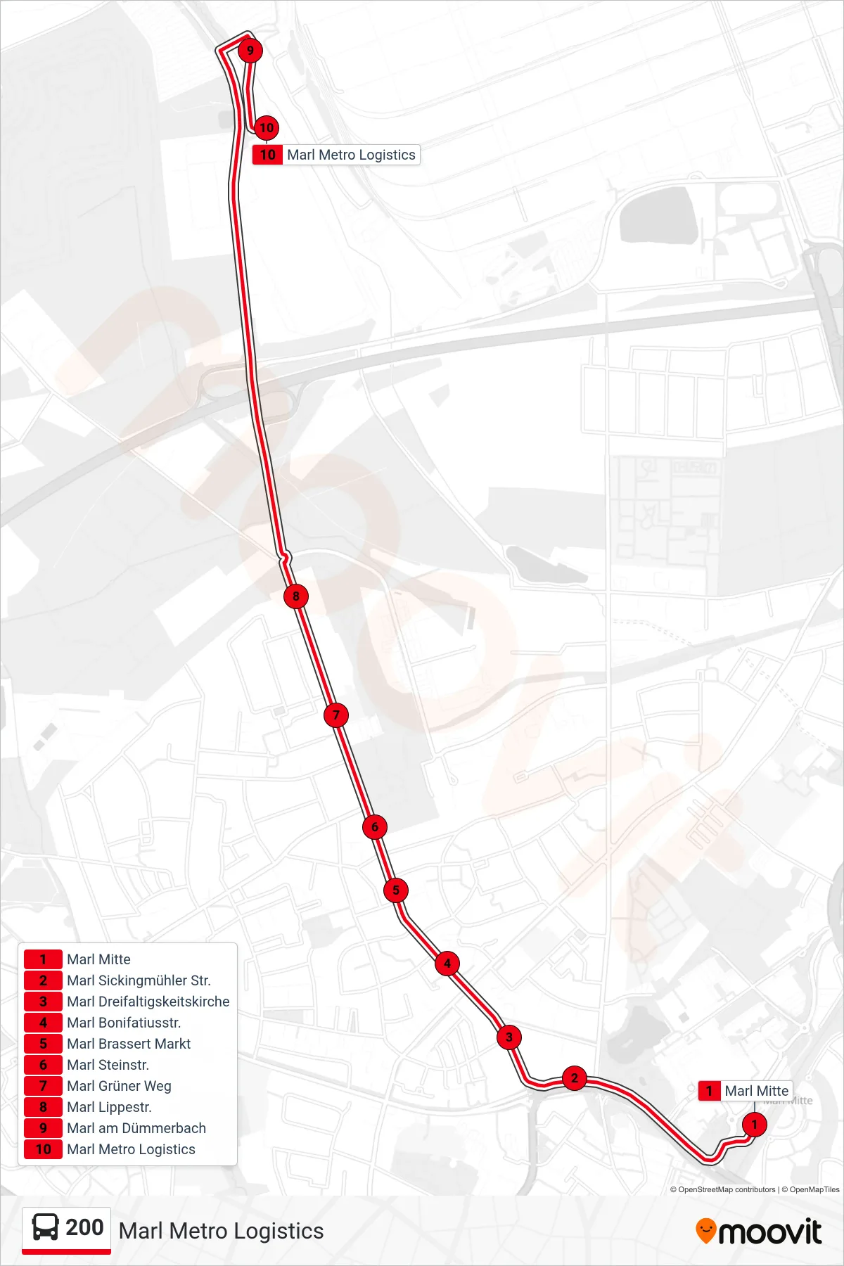 Linie 200 (Bus) Richtung Marl Metro Logistics: Route und Haltestellen auf der Karte