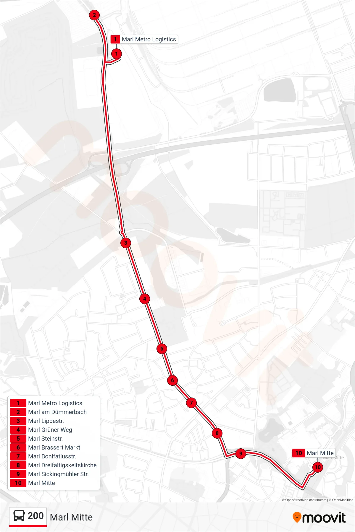 Linie 200 (Bus) Richtung Marl Mitte: Route und Haltestellen auf der Karte
