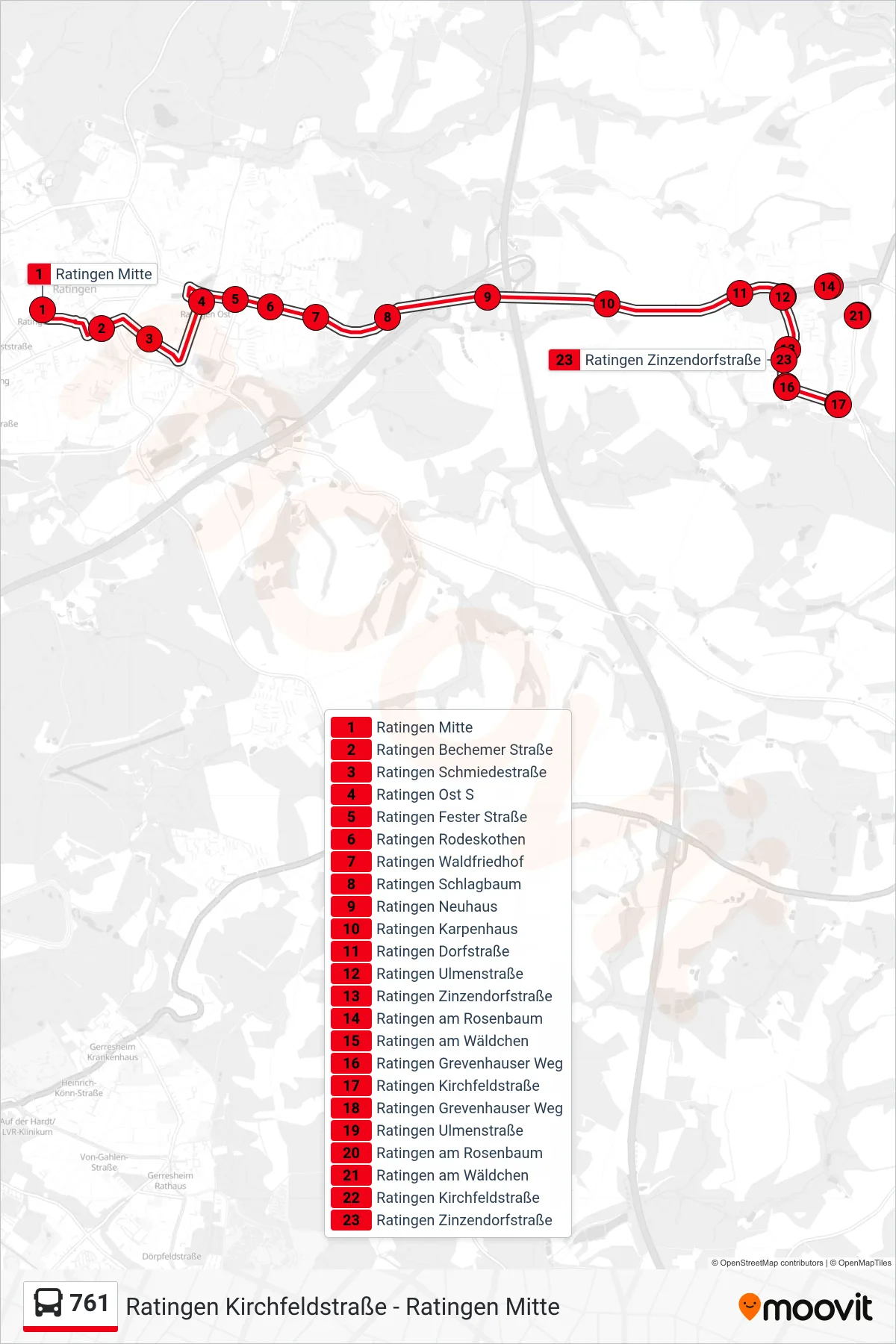 Linie 761 (Bus) Richtung Ratingen Kirchfeldstraße: Route und Haltestellen auf der Karte