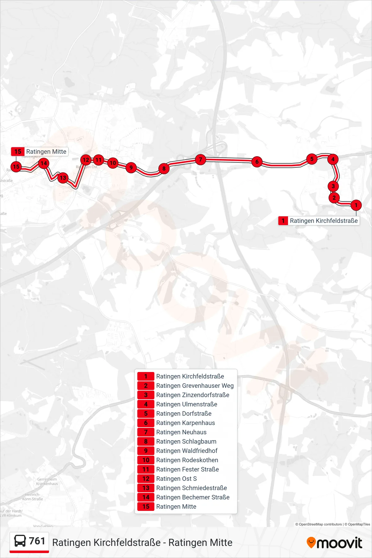 761 bus Line (Ratingen Mitte) route and stops on a map