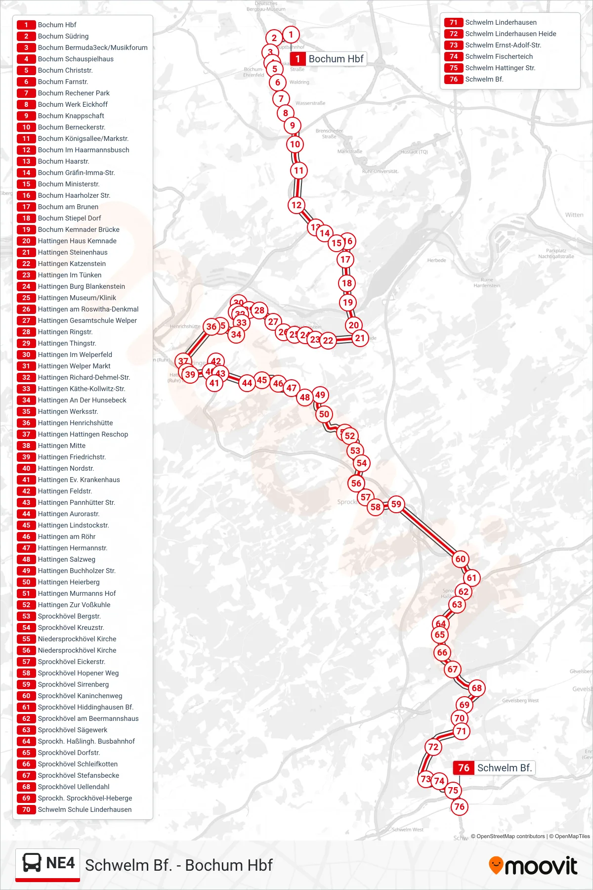 NE4 bus Line (Schwelm Bf.) route and stops on a map