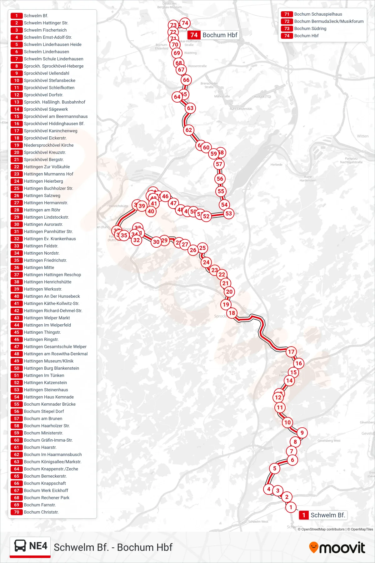 Linie NE4 (Bus) Richtung Bochum Hbf: Route und Haltestellen auf der Karte