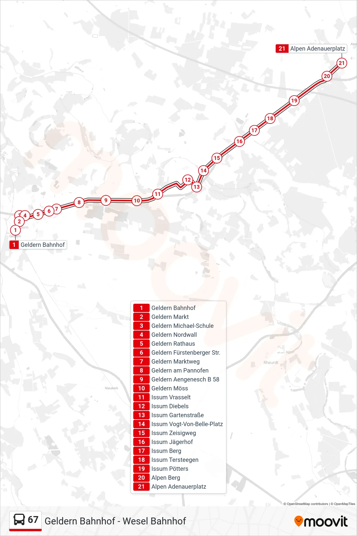Linie 67 (Bus) Richtung Alpen Adenauerplatz: Route und Haltestellen auf der Karte