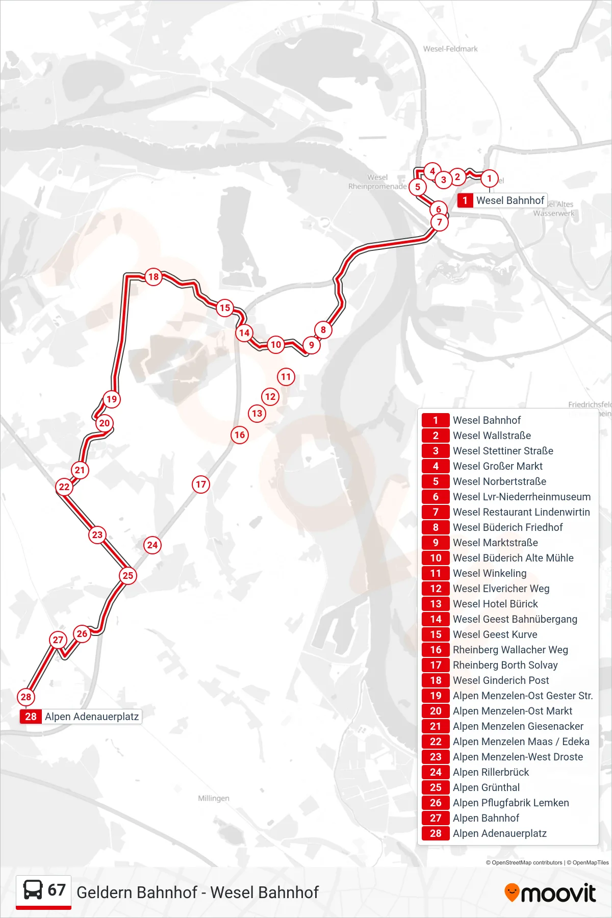 Linie 67 (Bus) Richtung Alpen Adenauerplatz: Route und Haltestellen auf der Karte