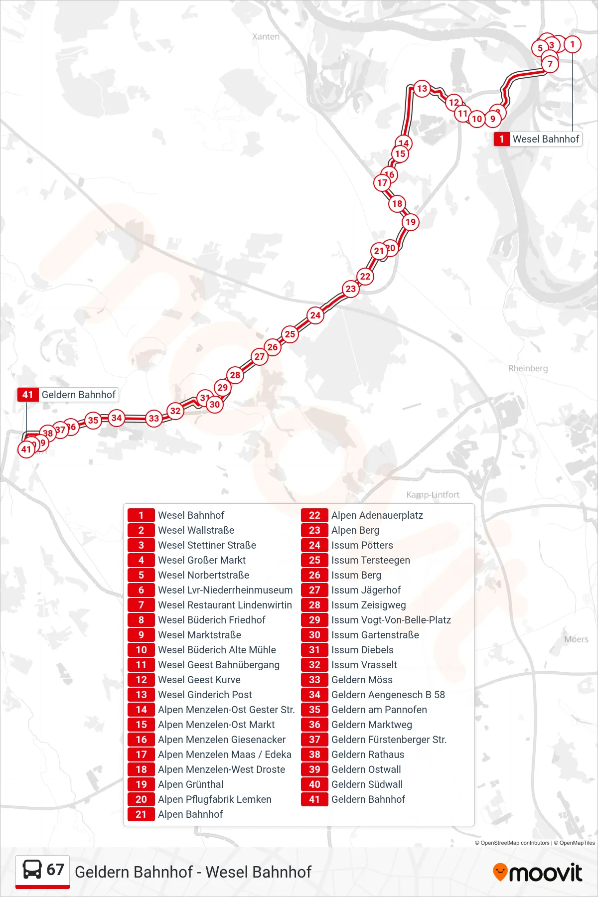 Linie 67 (Bus) Richtung Geldern Bahnhof: Route und Haltestellen auf der Karte