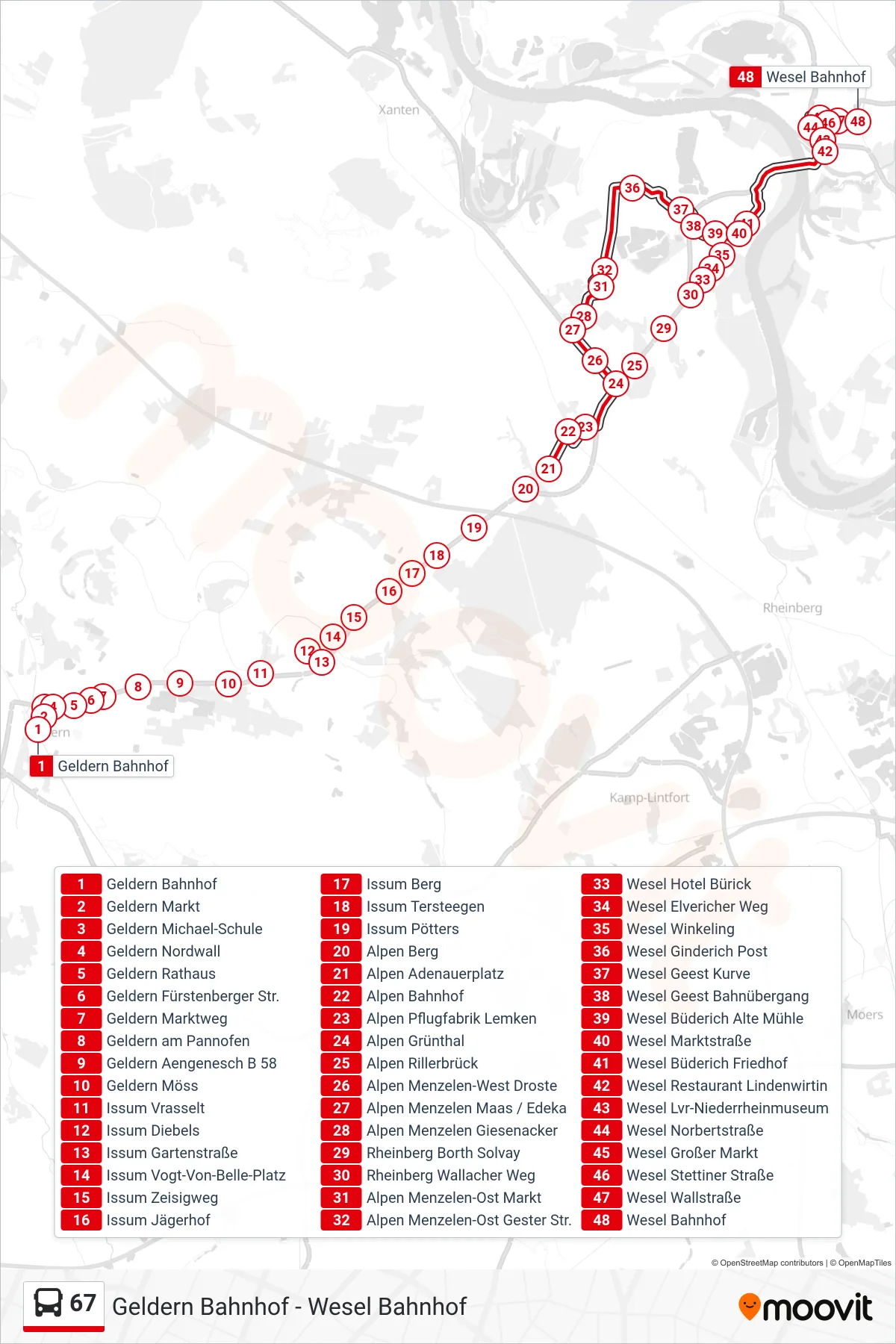 Linie 67 (Bus) Richtung Wesel Bahnhof: Route und Haltestellen auf der Karte