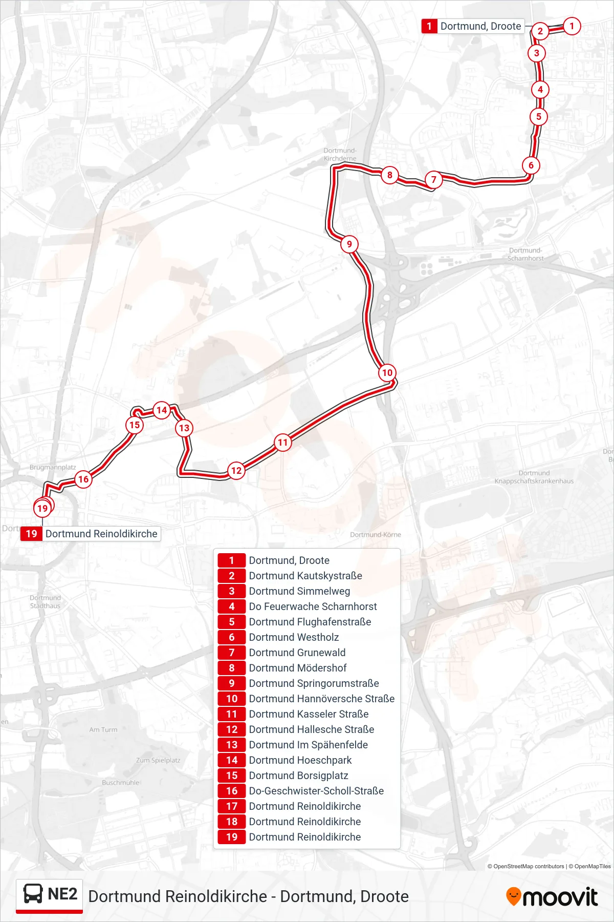 Linie NE2 (Bus) Richtung Dortmund Reinoldikirche: Route und Haltestellen auf der Karte