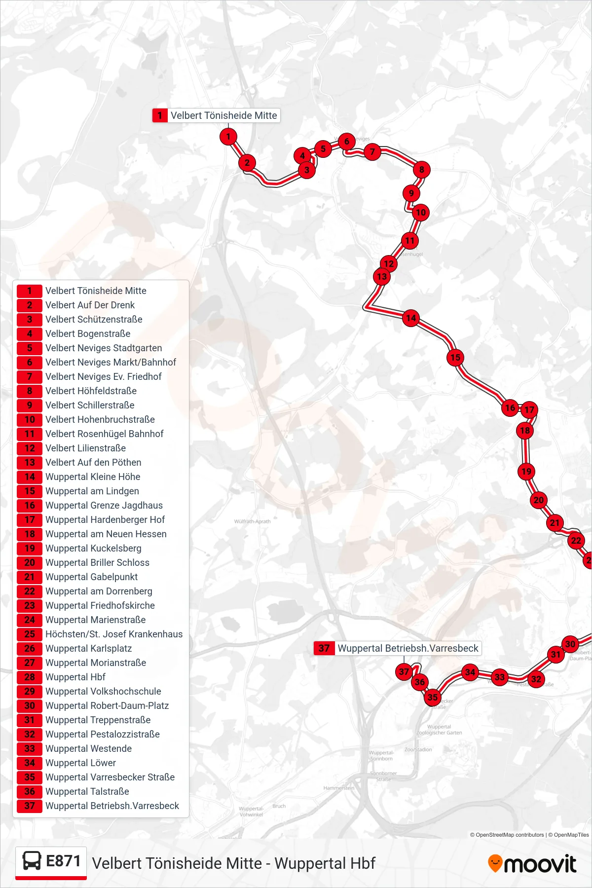 Linie E871 (Bus) Richtung Wuppertal Betriebsh.Varresbeck: Route und Haltestellen auf der Karte
