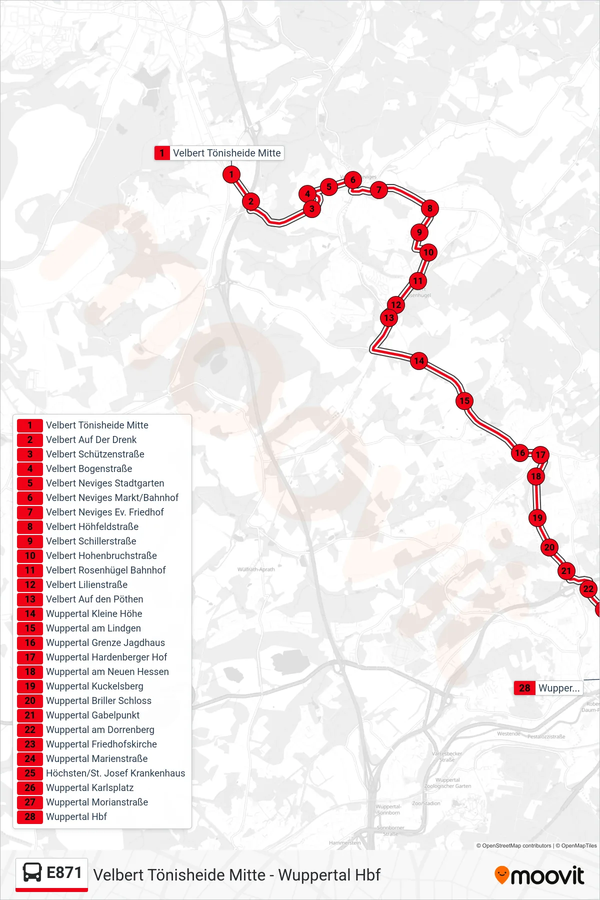 Linie E871 (Bus) Richtung Wuppertal Hbf: Route und Haltestellen auf der Karte