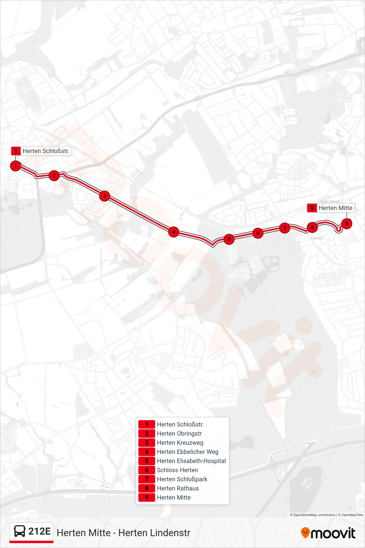 212E bus Line (Herten Mitte) route and stops on a map