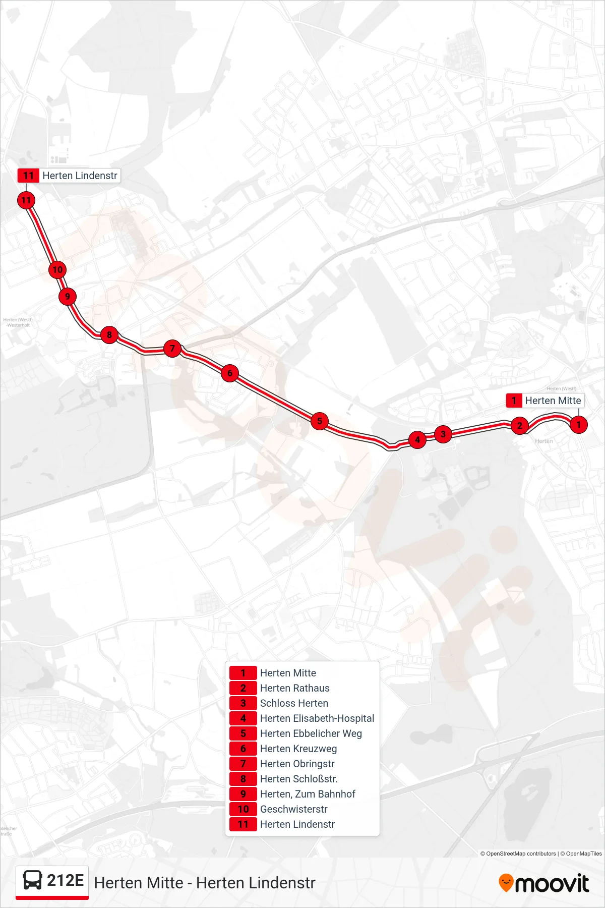 Linie 212E (Bus) Richtung Herten Lindenstr: Route und Haltestellen auf der Karte