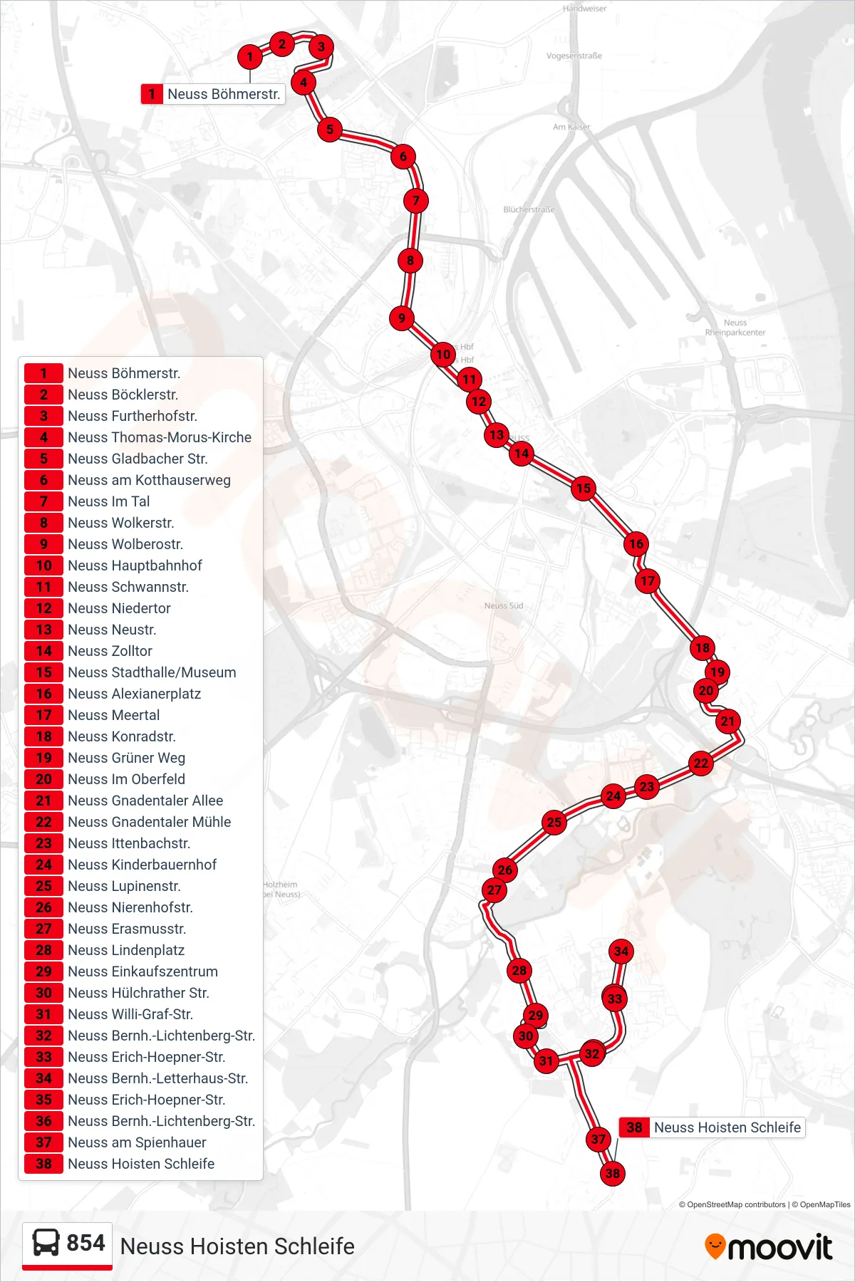 Linie 854 (Bus) Richtung Neuss Hoisten Schleife: Route und Haltestellen auf der Karte