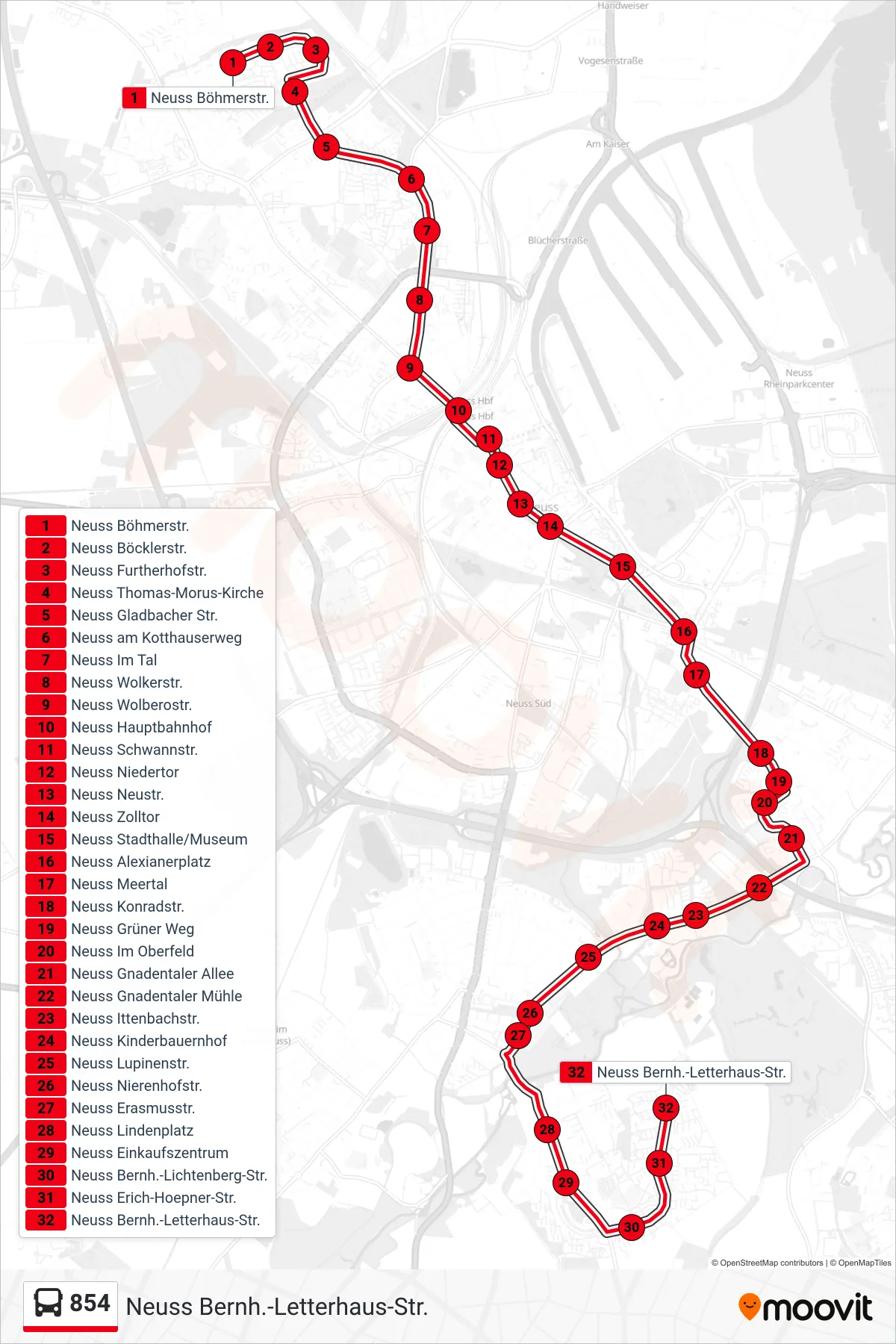 Linie 854 (Bus) Richtung Neuss Bernh.-Letterhaus-Str.: Route und Haltestellen auf der Karte