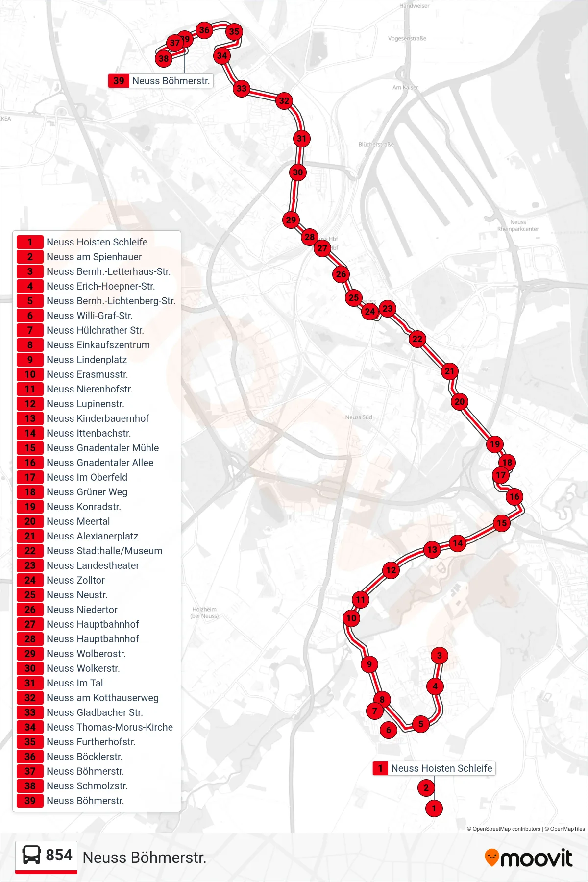 Linie 854 (Bus) Richtung Neuss Böhmerstr.: Route und Haltestellen auf der Karte