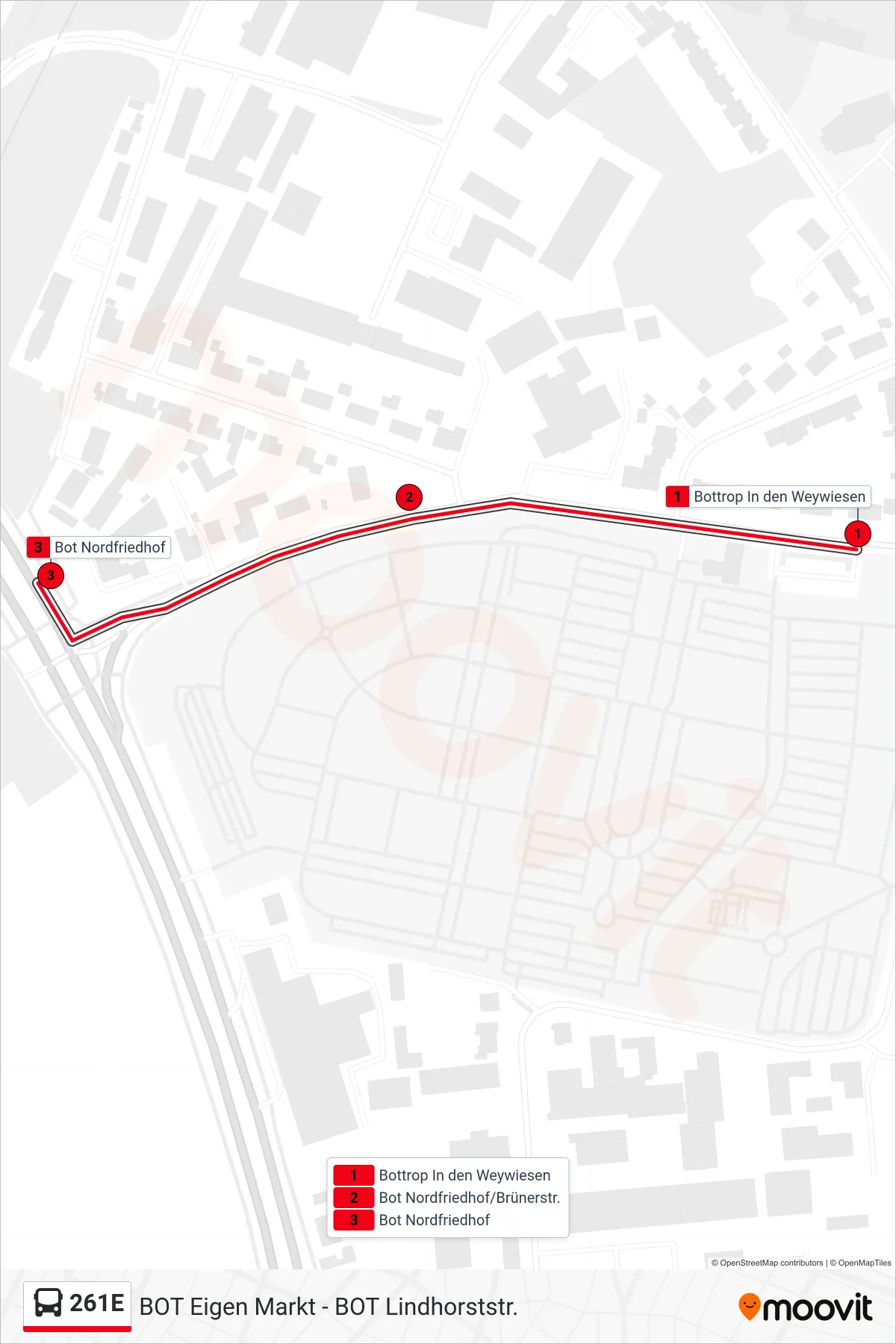 261E bus Line (Bot Nordfriedhof) route and stops on a map