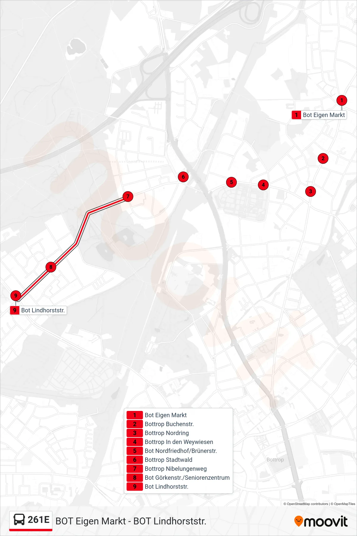 Linie 261E (Bus) Richtung Bot Lindhorststr.: Route und Haltestellen auf der Karte