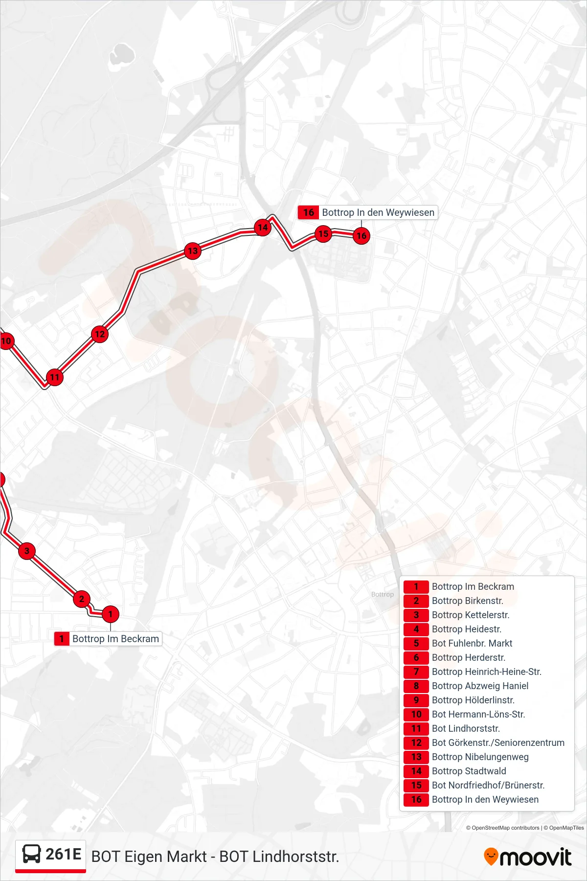 Linie 261E (Bus) Richtung Bottrop In den Weywiesen: Route und Haltestellen auf der Karte