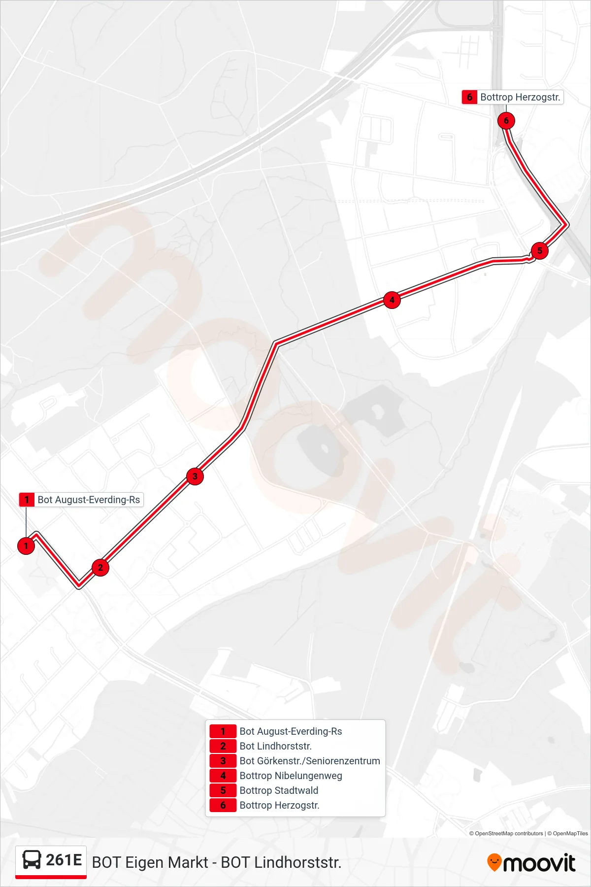 261E bus Line (Bottrop Herzogstr.) route and stops on a map