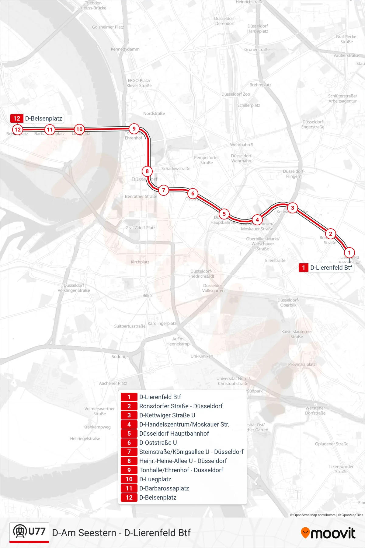 U77 subway Line (D-Belsenplatz) route and stops on a map