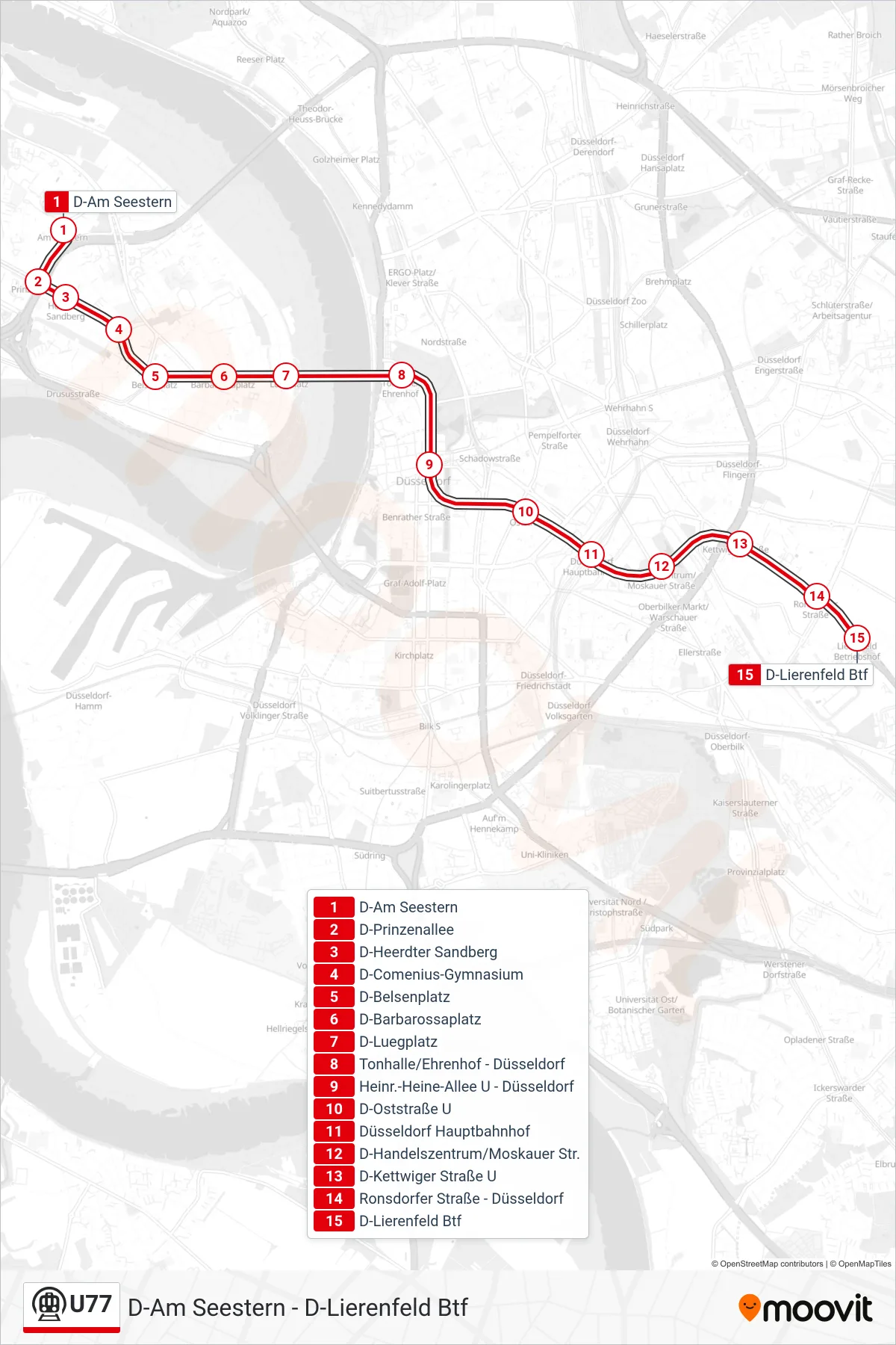 Linie U77 (U-Bahn) Richtung D-Lierenfeld Btf: Route und Haltestellen auf der Karte