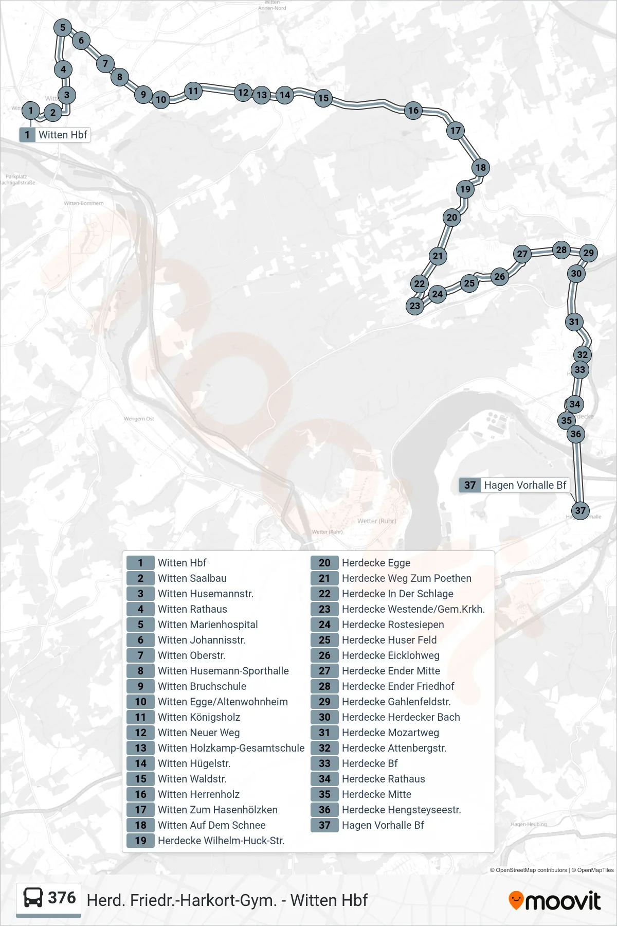 Linie 376 (Bus) Richtung Hagen Vorhalle Bf: Route und Haltestellen auf der Karte