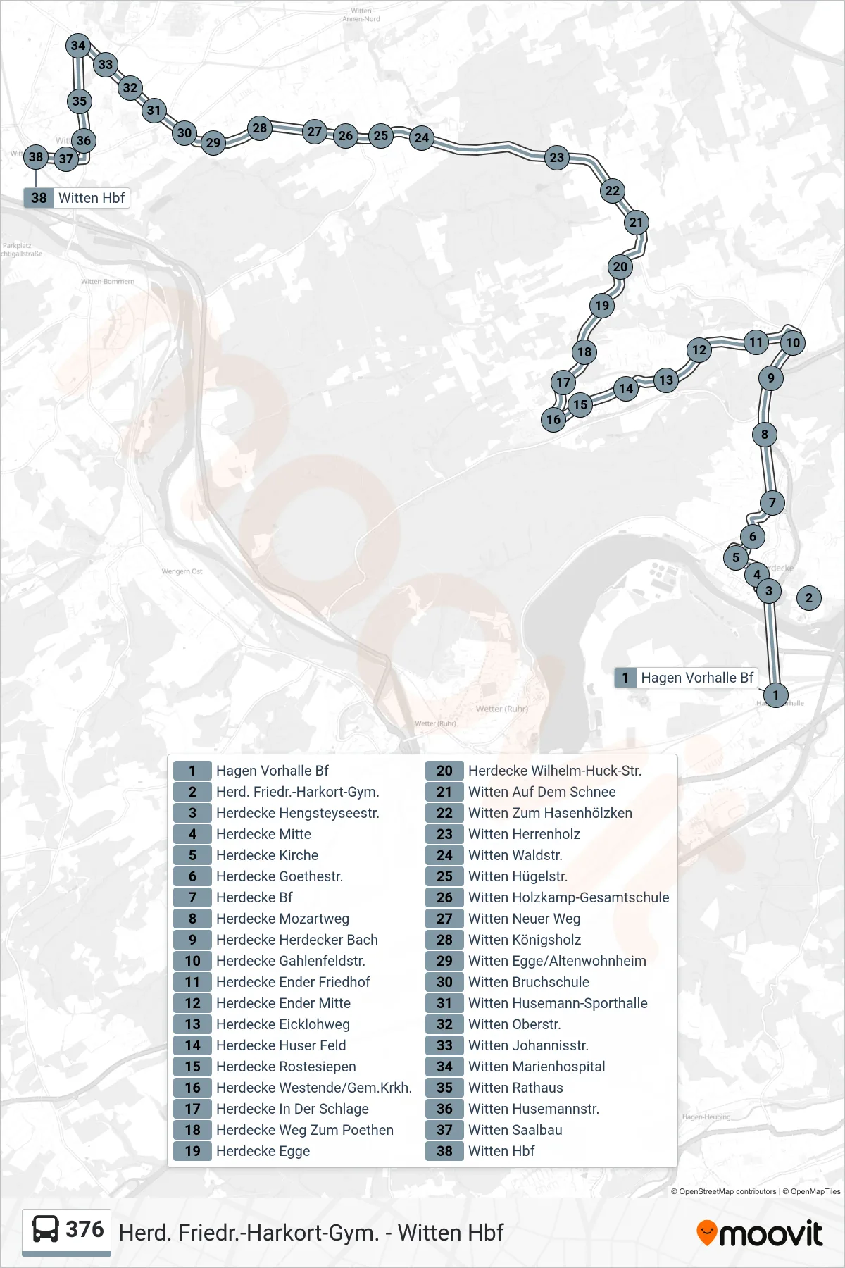 Linie 376 (Bus) Richtung Witten Hbf: Route und Haltestellen auf der Karte