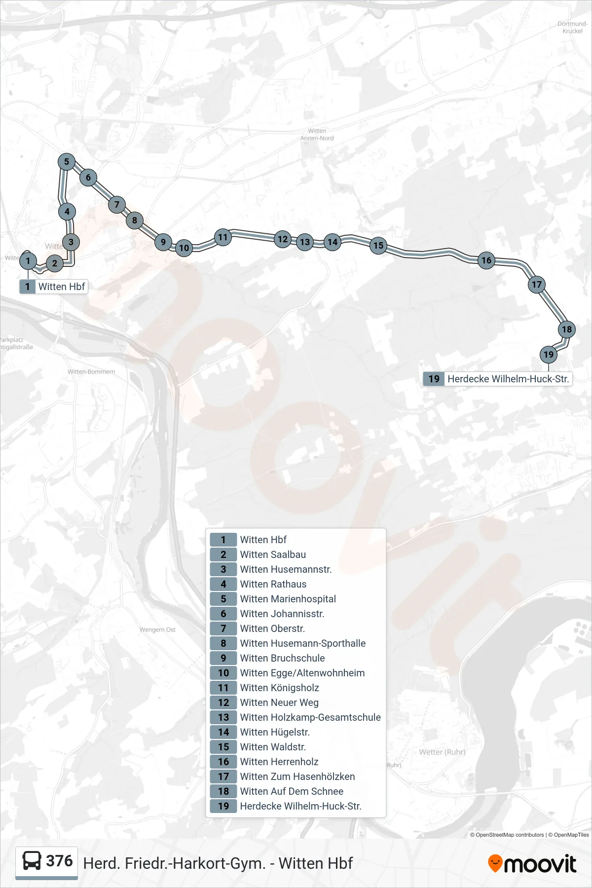 Linie 376 (Bus) Richtung Herdecke Wilhelm-Huck-Str.: Route und Haltestellen auf der Karte