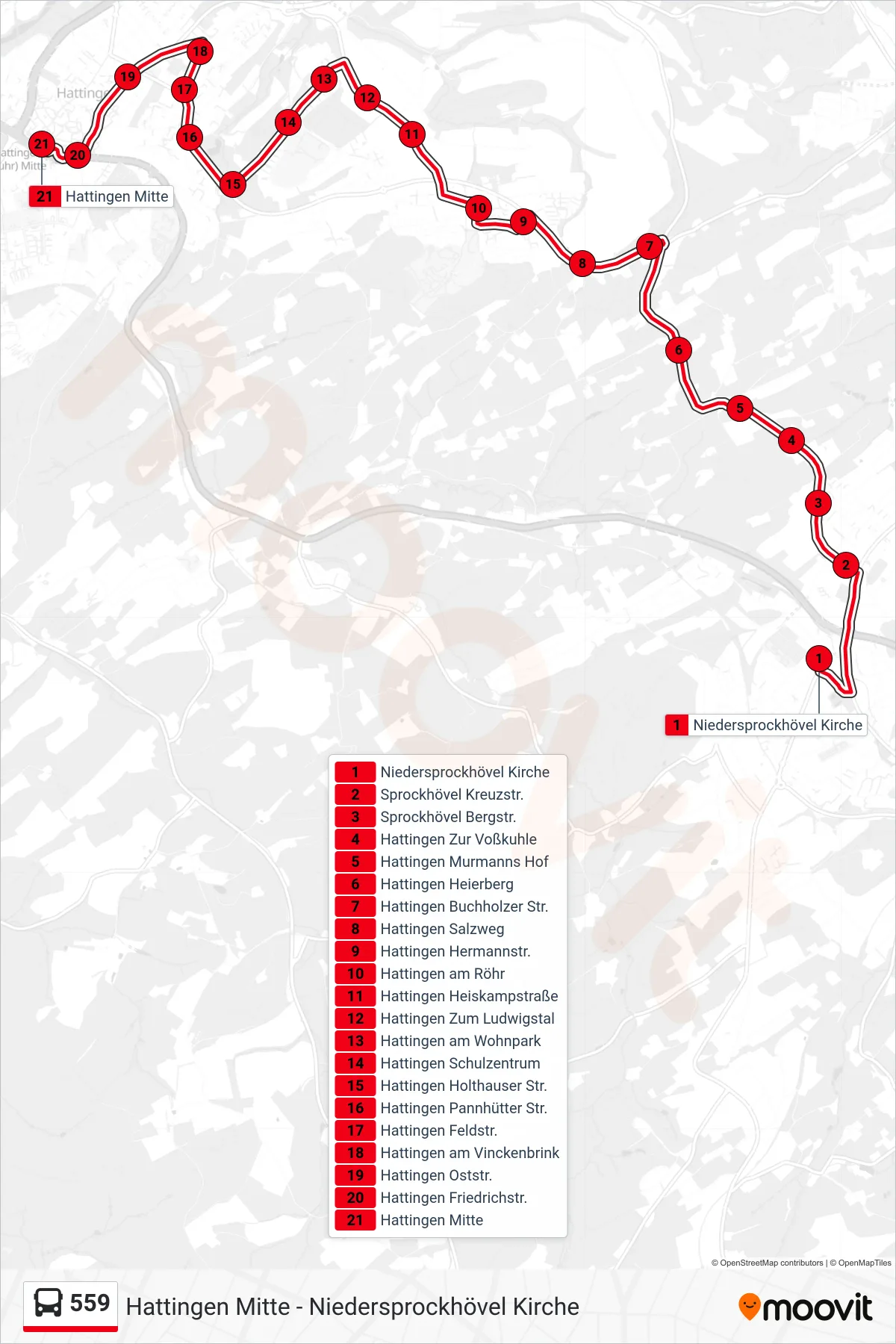 Linie 559 (Bus) Richtung Hattingen Mitte: Route und Haltestellen auf der Karte