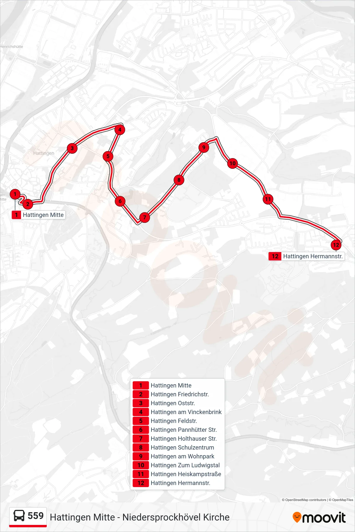 Linie 559 (Bus) Richtung Hattingen Hermannstr.: Route und Haltestellen auf der Karte