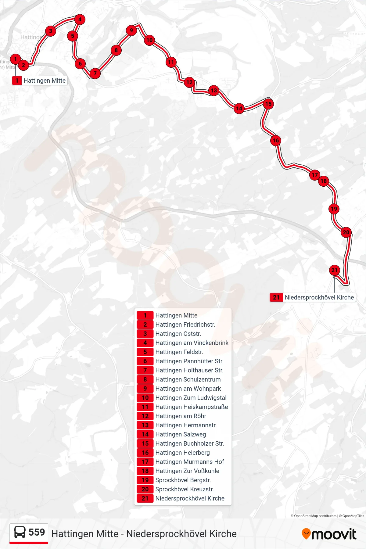 Linie 559 (Bus) Richtung Niedersprockhövel Kirche: Route und Haltestellen auf der Karte