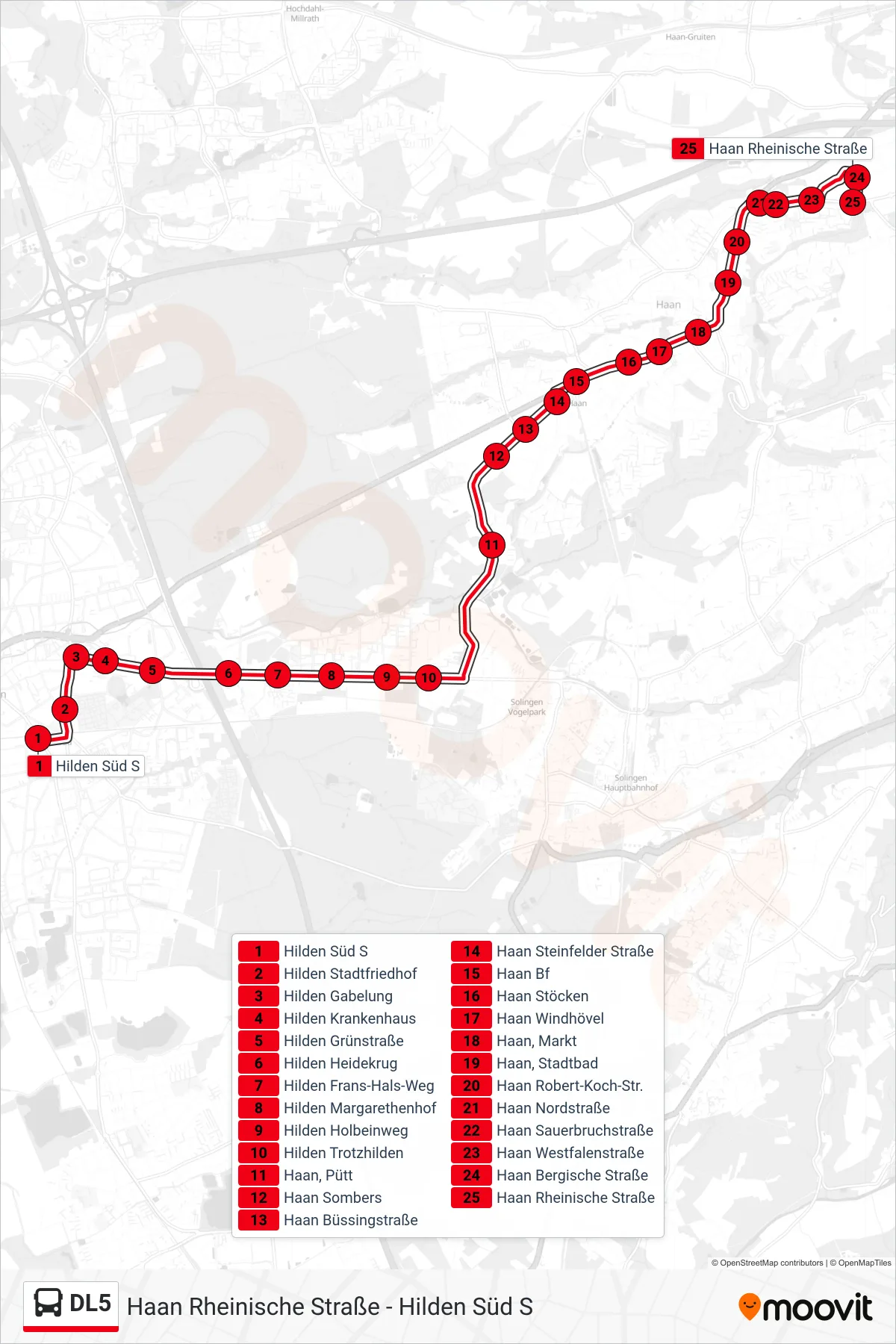 Linie DL5 (Bus) Richtung Haan Rheinische Straße: Route und Haltestellen auf der Karte