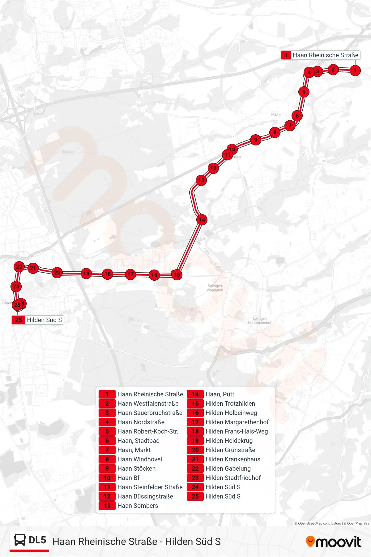 Linie DL5 (Bus) Richtung Hilden Süd S: Route und Haltestellen auf der Karte