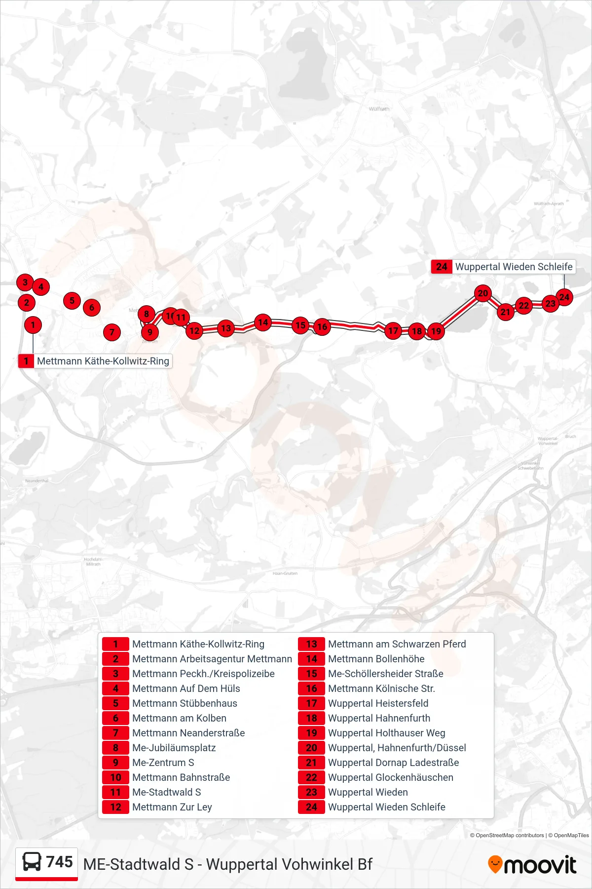Linie 745 (Bus) Richtung Wuppertal Wieden Schleife: Route und Haltestellen auf der Karte