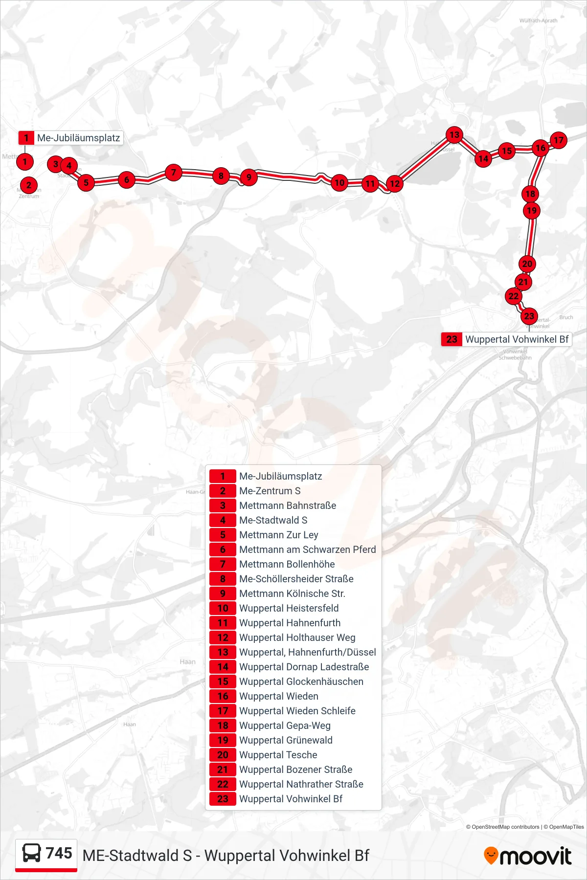 745 bus Line (Wuppertal Vohwinkel Bf) route and stops on a map