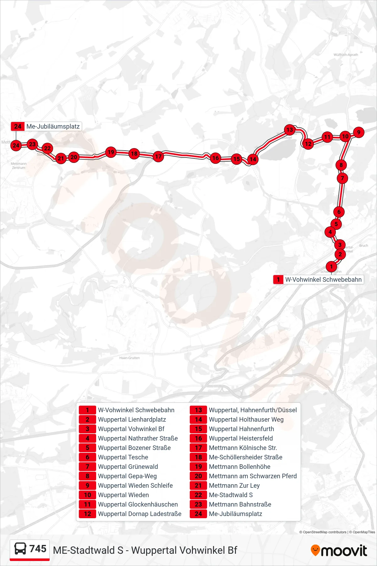 745 bus Line (Me-Jubiläumsplatz) route and stops on a map