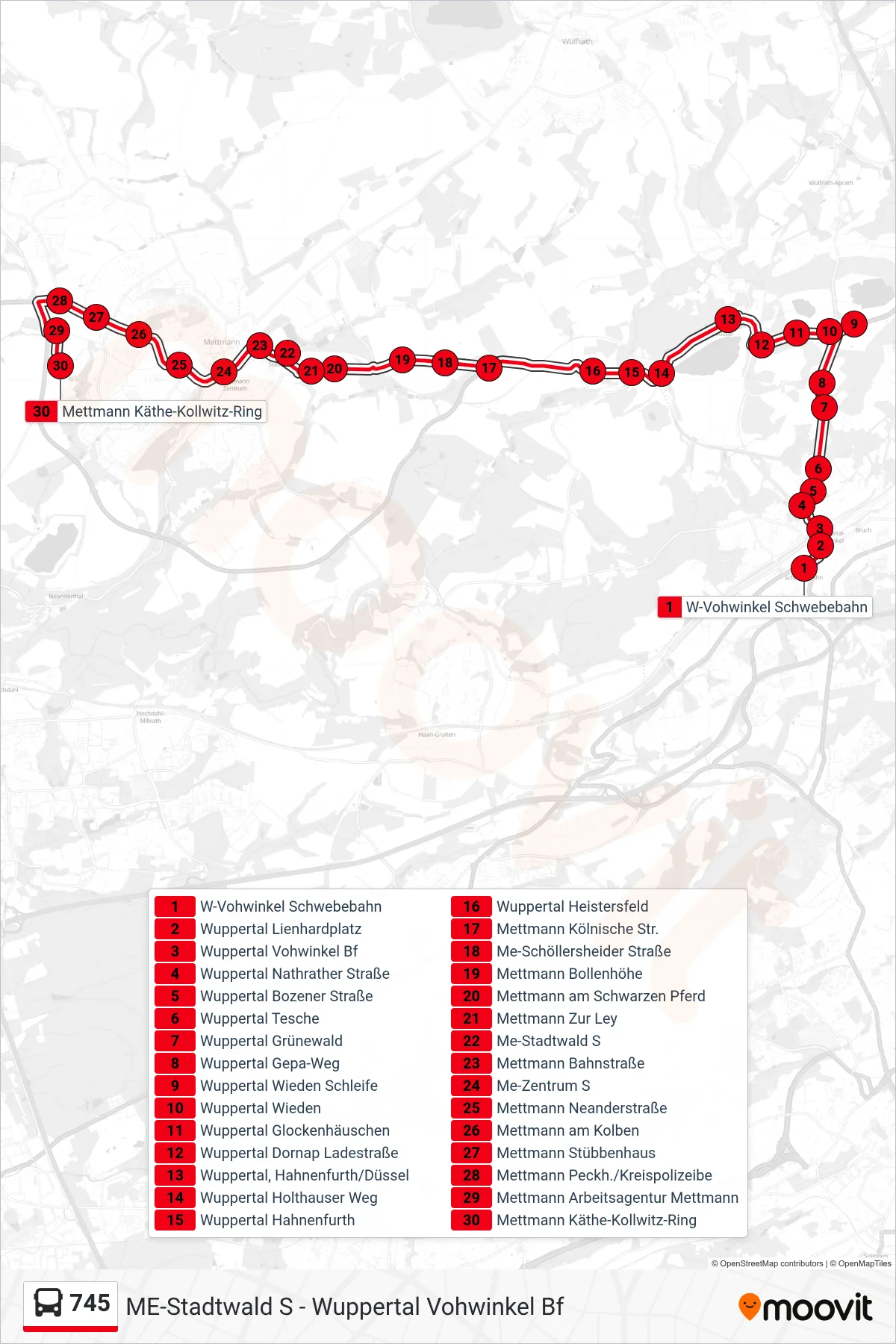 Linie 745 (Bus) Richtung Mettmann Käthe-Kollwitz-Ring: Route und Haltestellen auf der Karte