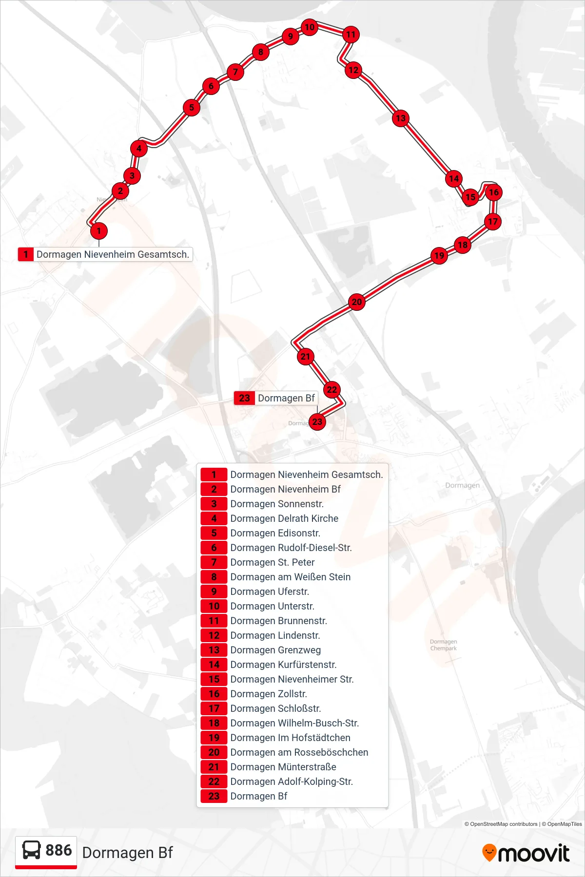 886 bus Line (Dormagen Bf) route and stops on a map
