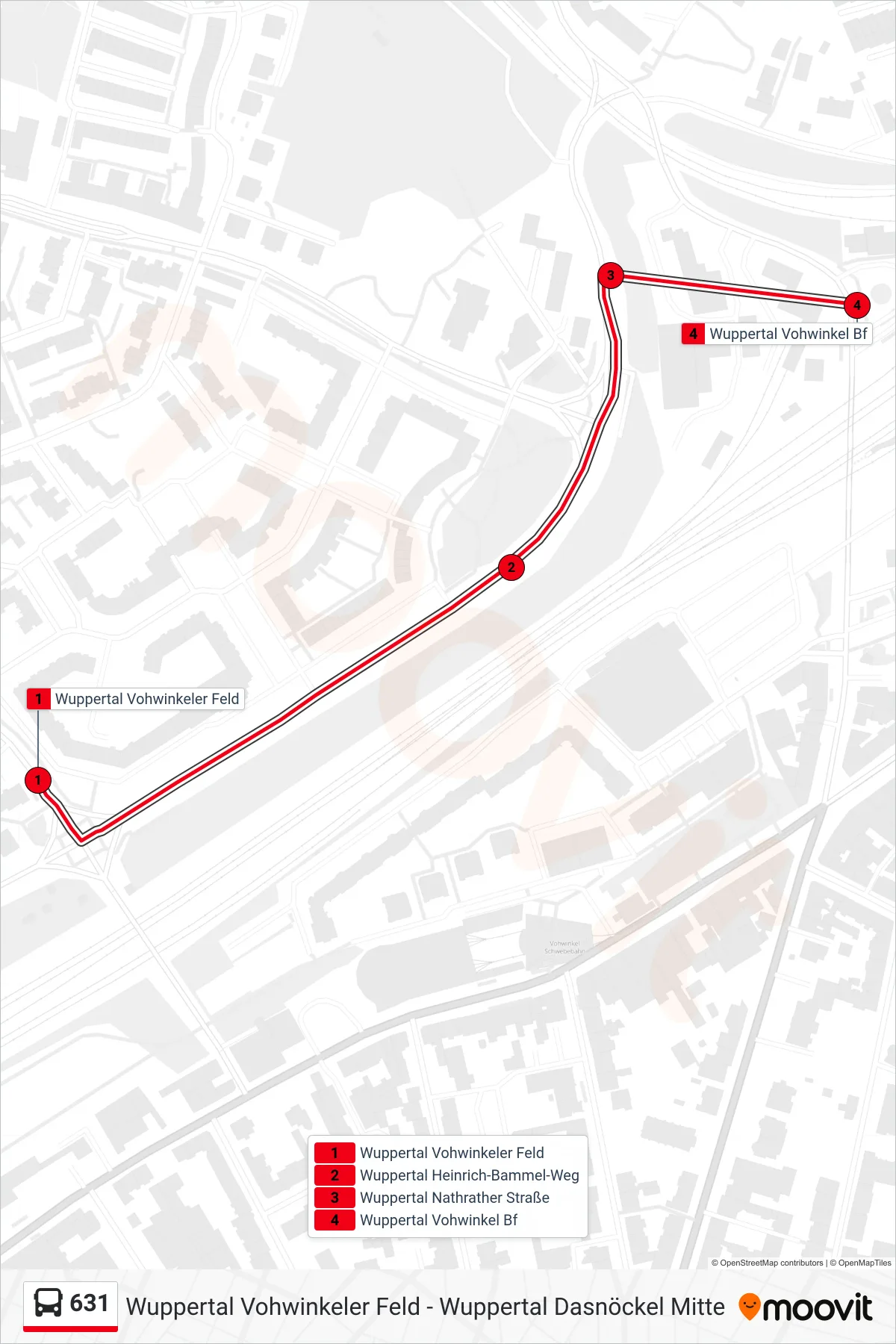 Linie 631 (Bus) Richtung Wuppertal Vohwinkel Bf: Route und Haltestellen auf der Karte