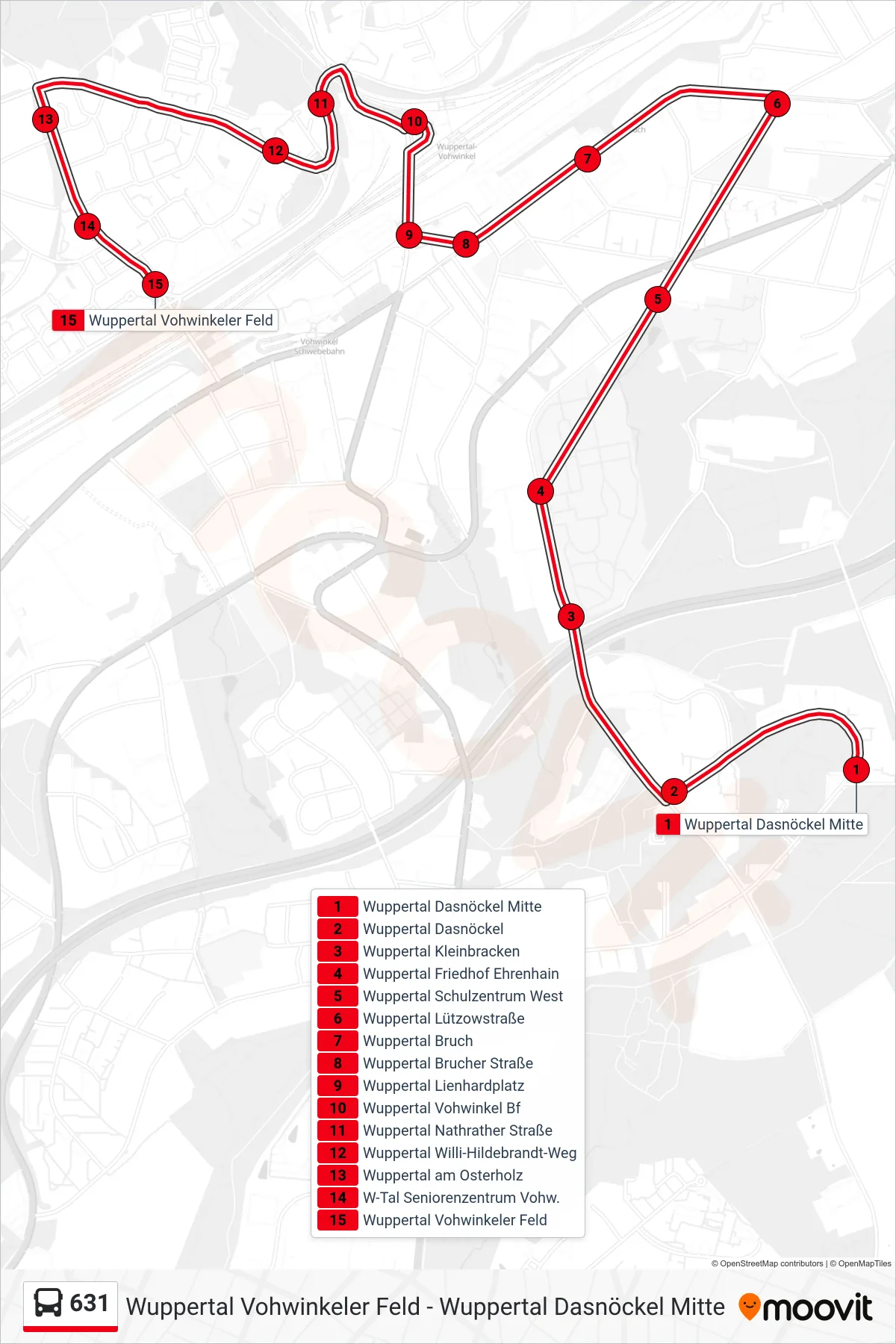 631 bus Line (Wuppertal Vohwinkeler Feld) route and stops on a map