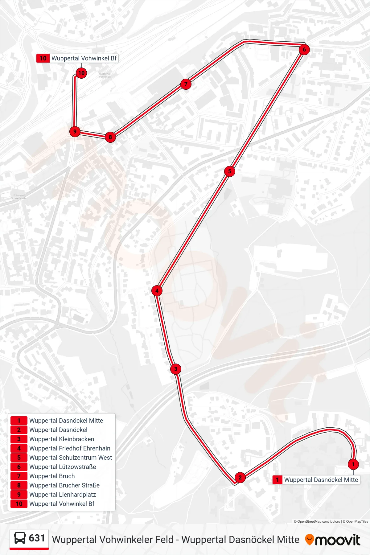 Linie 631 (Bus) Richtung Wuppertal Vohwinkel Bf: Route und Haltestellen auf der Karte