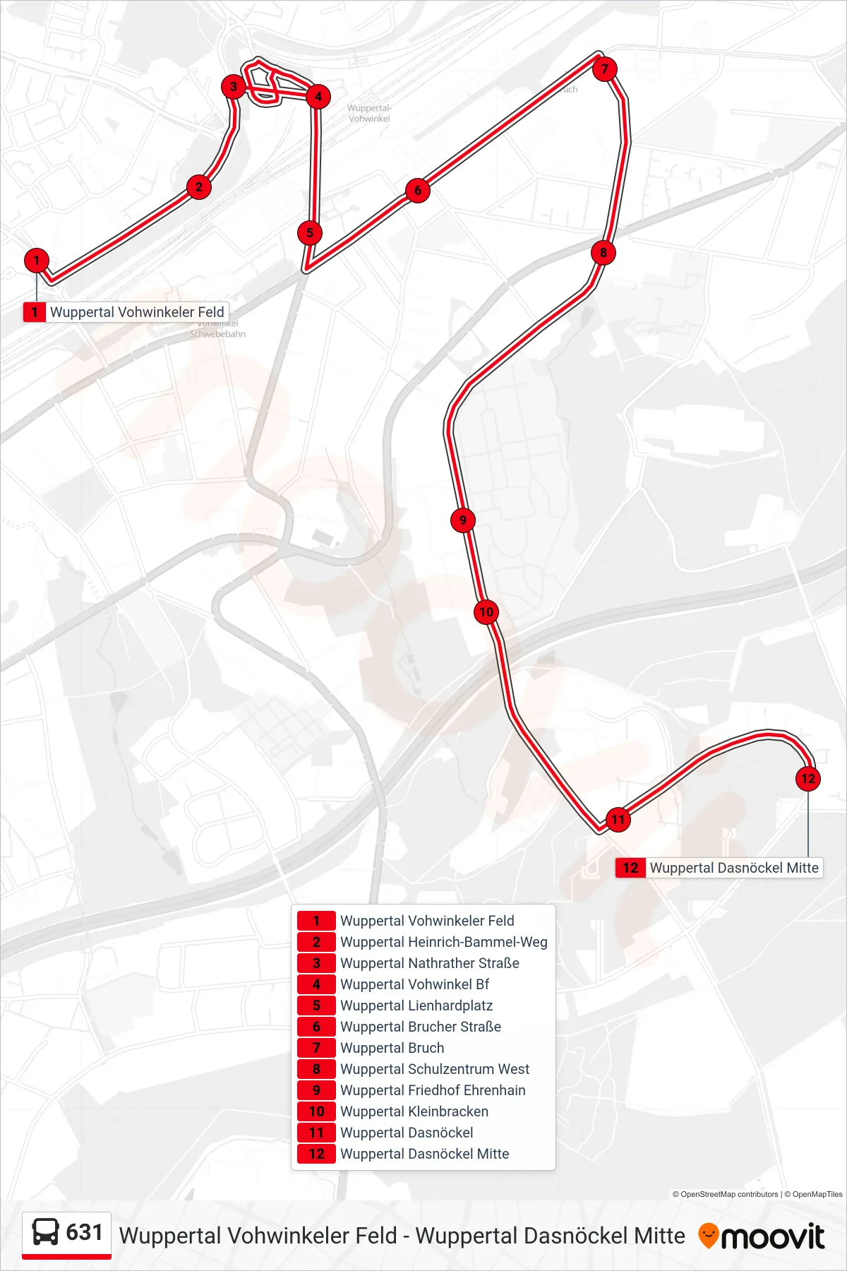 Linie 631 (Bus) Richtung Wuppertal Dasnöckel Mitte: Route und Haltestellen auf der Karte