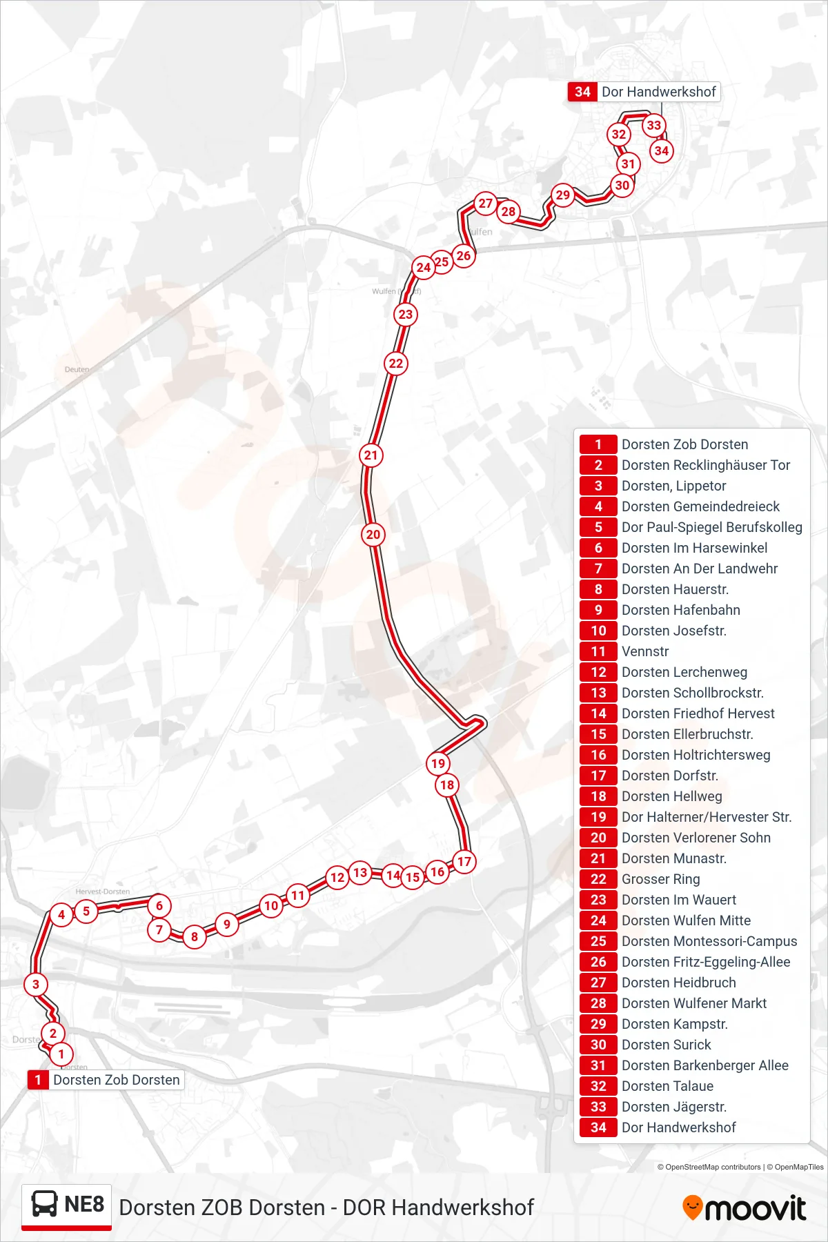 Linie NE8 (Bus) Richtung Dor Handwerkshof: Route und Haltestellen auf der Karte