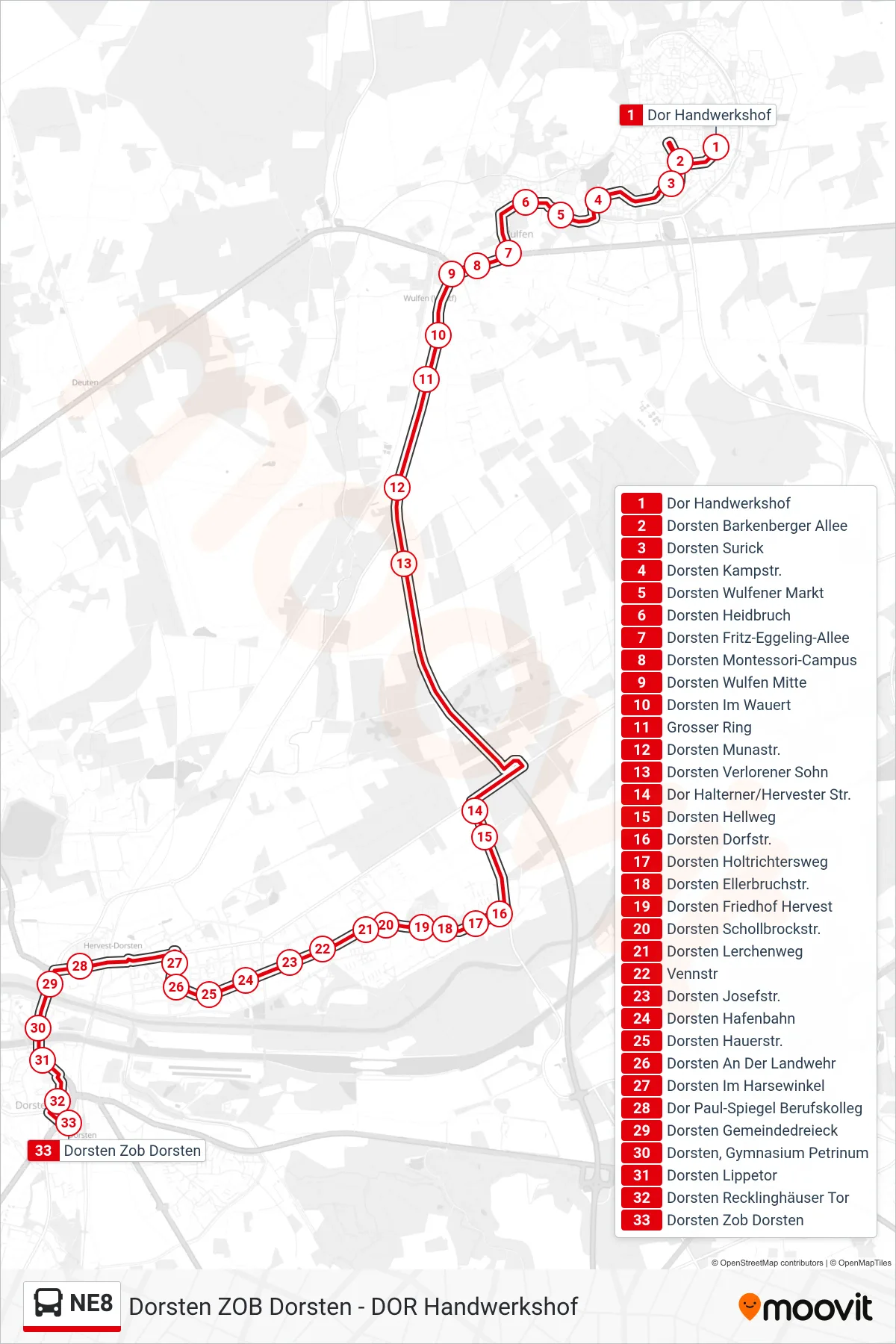 Linie NE8 (Bus) Richtung Dorsten Zob Dorsten: Route und Haltestellen auf der Karte