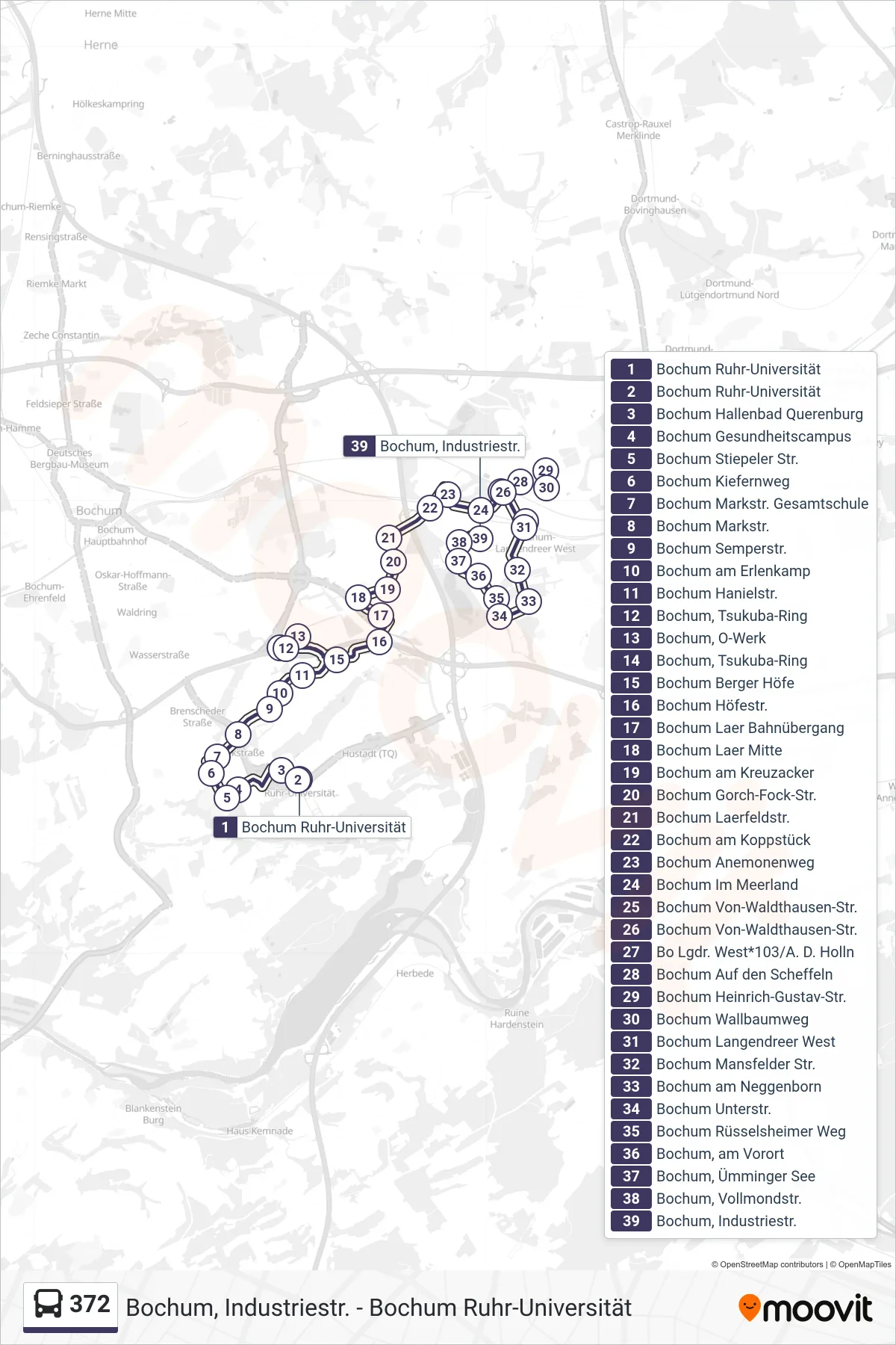Linie 372 (Bus) Richtung Bochum, Industriestr.: Route und Haltestellen auf der Karte