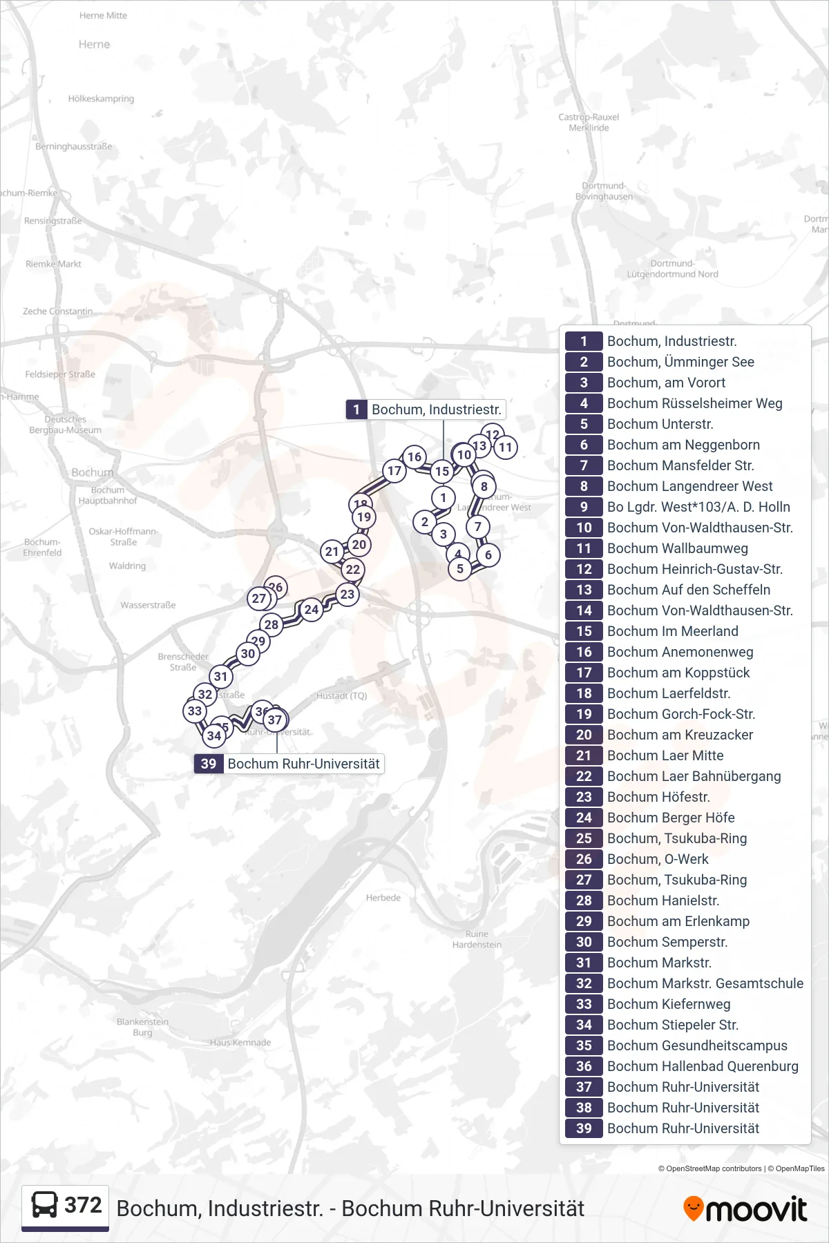 Linie 372 (Bus) Richtung Bochum Ruhr-Universität: Route und Haltestellen auf der Karte